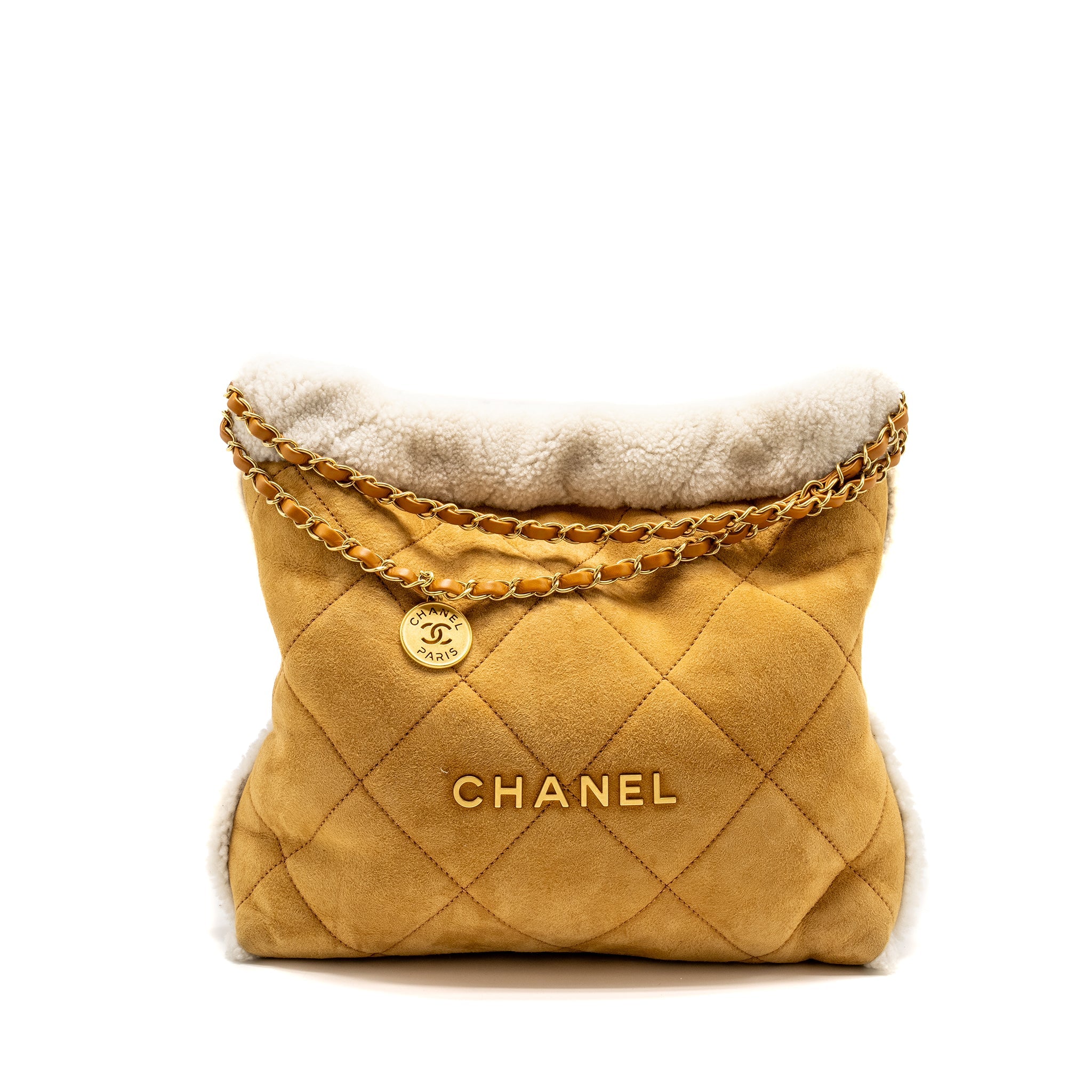 CHANEL MEDIUM 22 BAG QUILTED SHEARLING SUEDE CAMEL GHW (MICROCHIP)