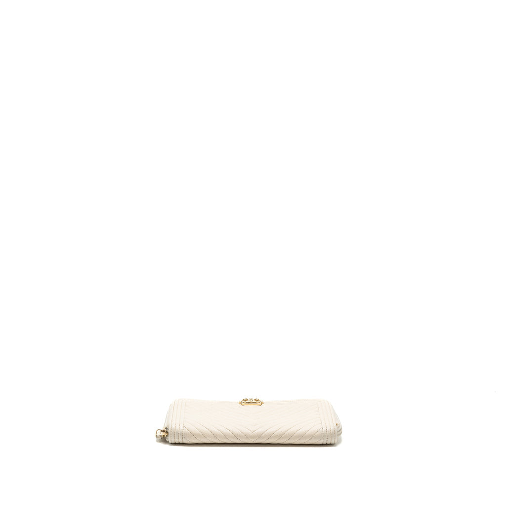 CHANEL BOY ZIPPER LONG WALLET CAVIAR WHITE LGHW