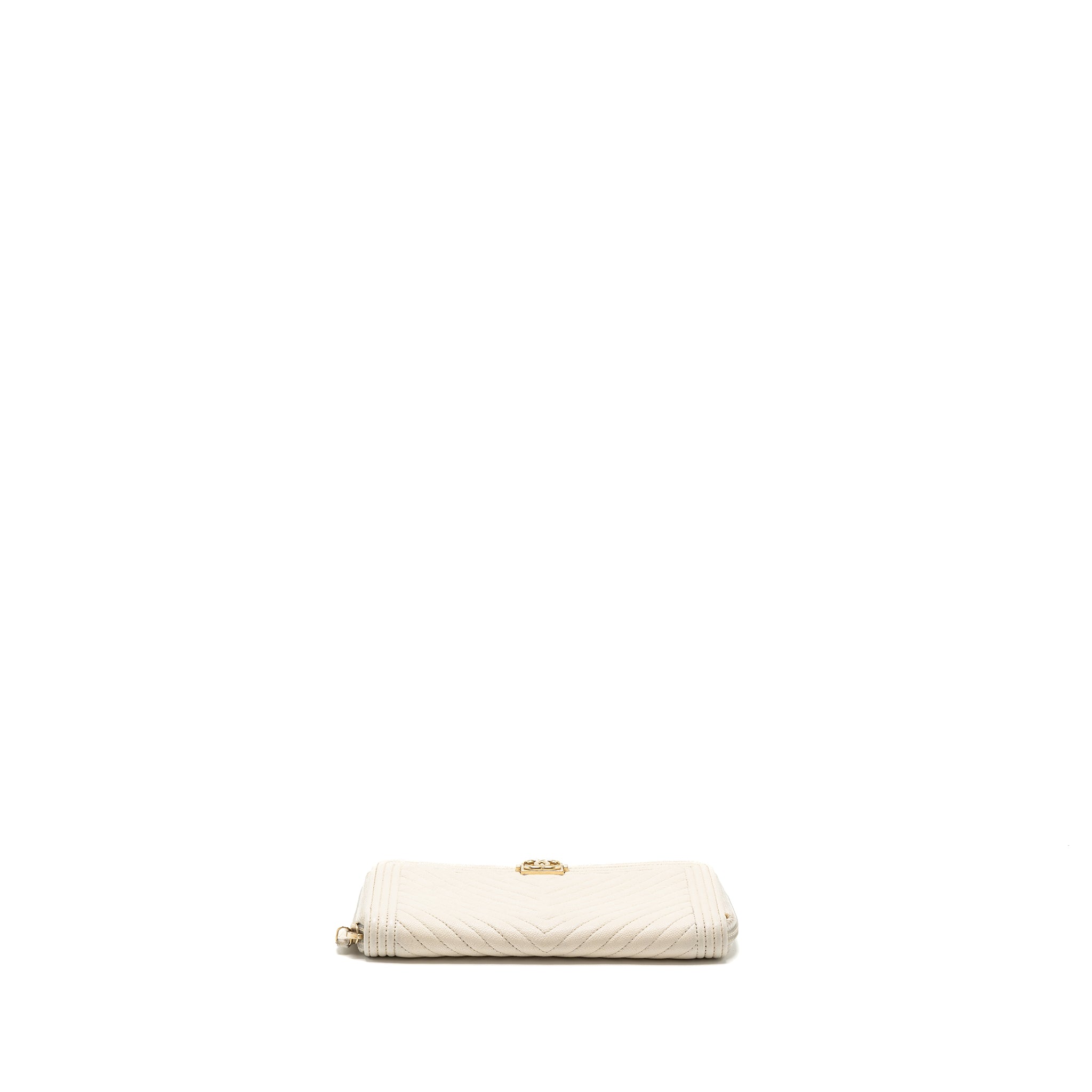CHANEL BOY ZIPPER LONG WALLET CAVIAR WHITE LGHW