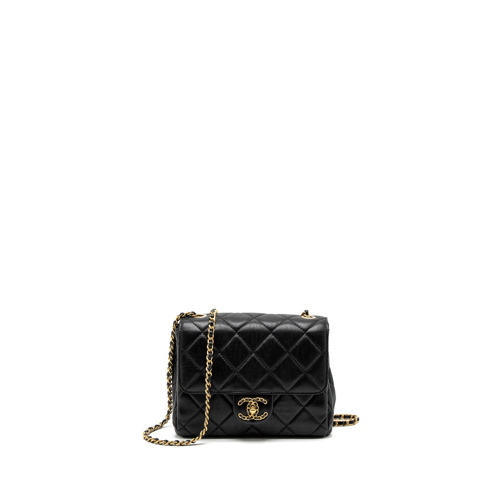 CHANEL QUILTED SQUARE FLAP BAG GOATSKIN BLACK BRUSHED GHW (MICROCHIP)