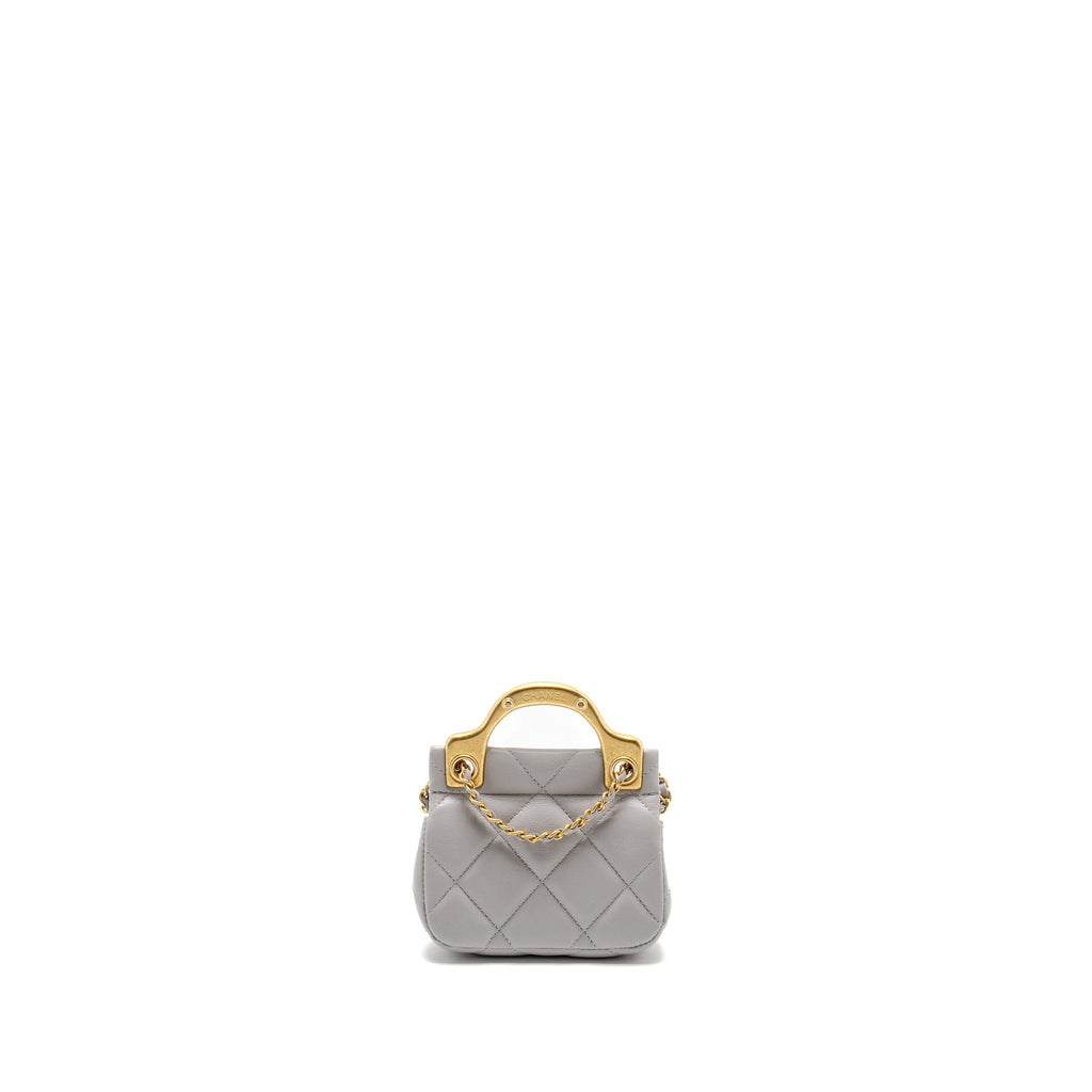 CHANEL MINI QUILTED FLAP CARD HOLDER WITH CHAIN LAMBSKIN GREY GHW