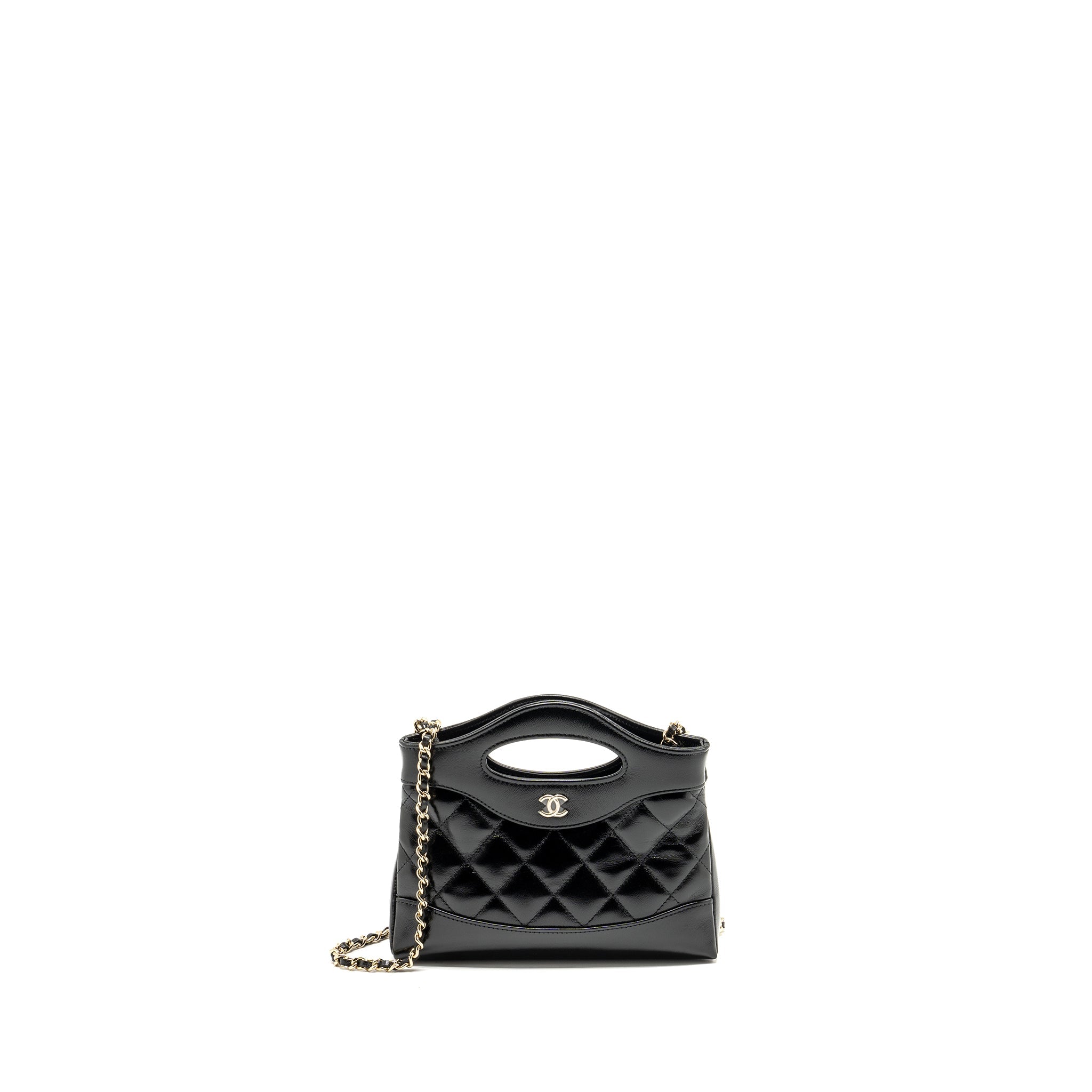 CHANEL MINI 31 CLUTCH WITH CHAIN SHINY LAMBSKIN BLACK LGHW (MICROCHIP)
