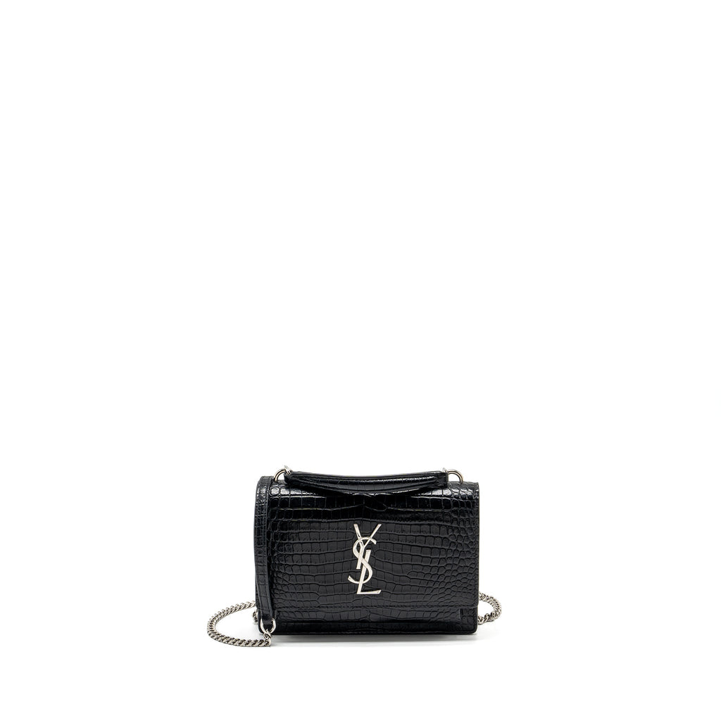 SAINT LAURENT/YSL SUNSET BAG CROC-EMBOSSED CALFSKIN BLACK SHW
