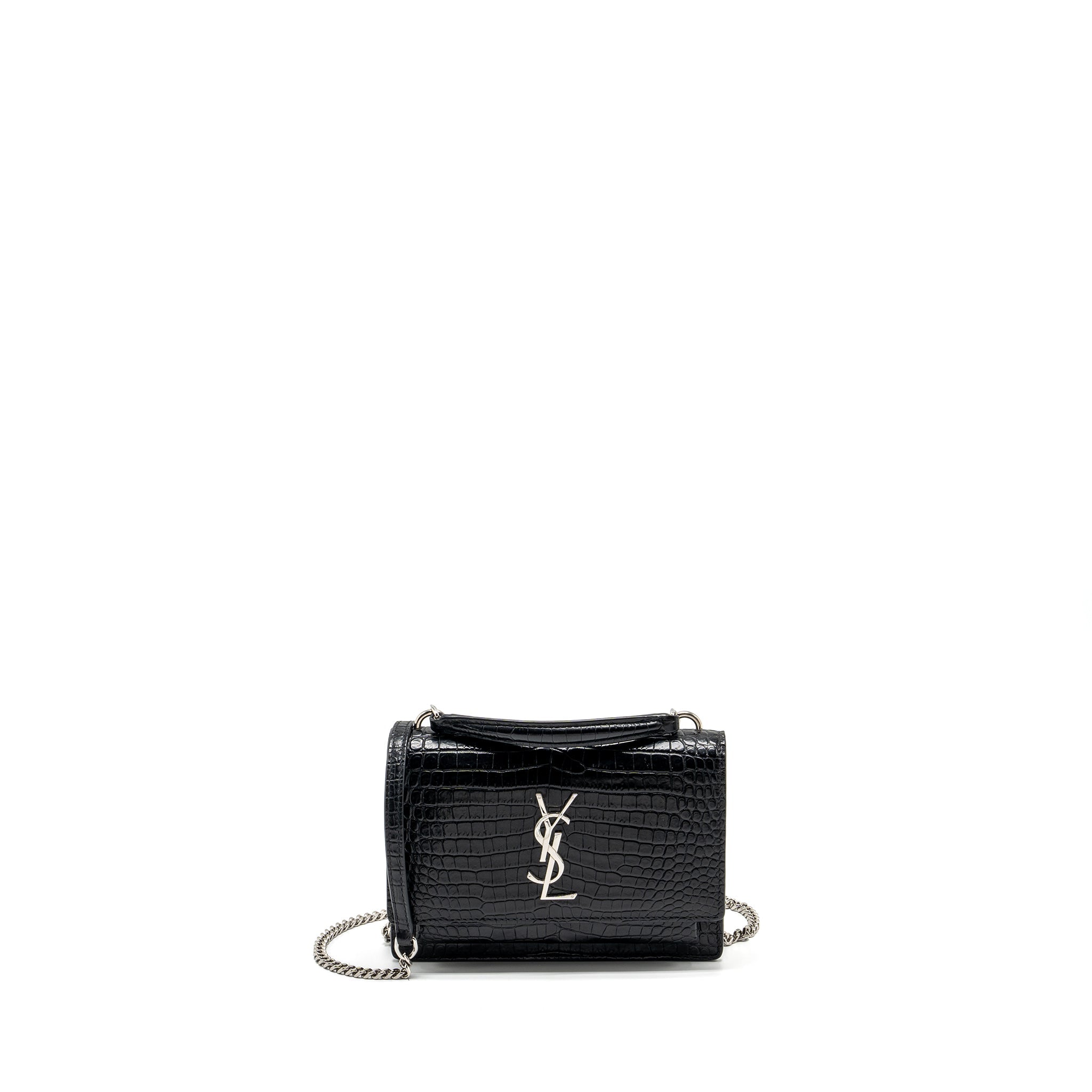 SAINT LAURENT/YSL SUNSET BAG CROC-EMBOSSED CALFSKIN BLACK SHW