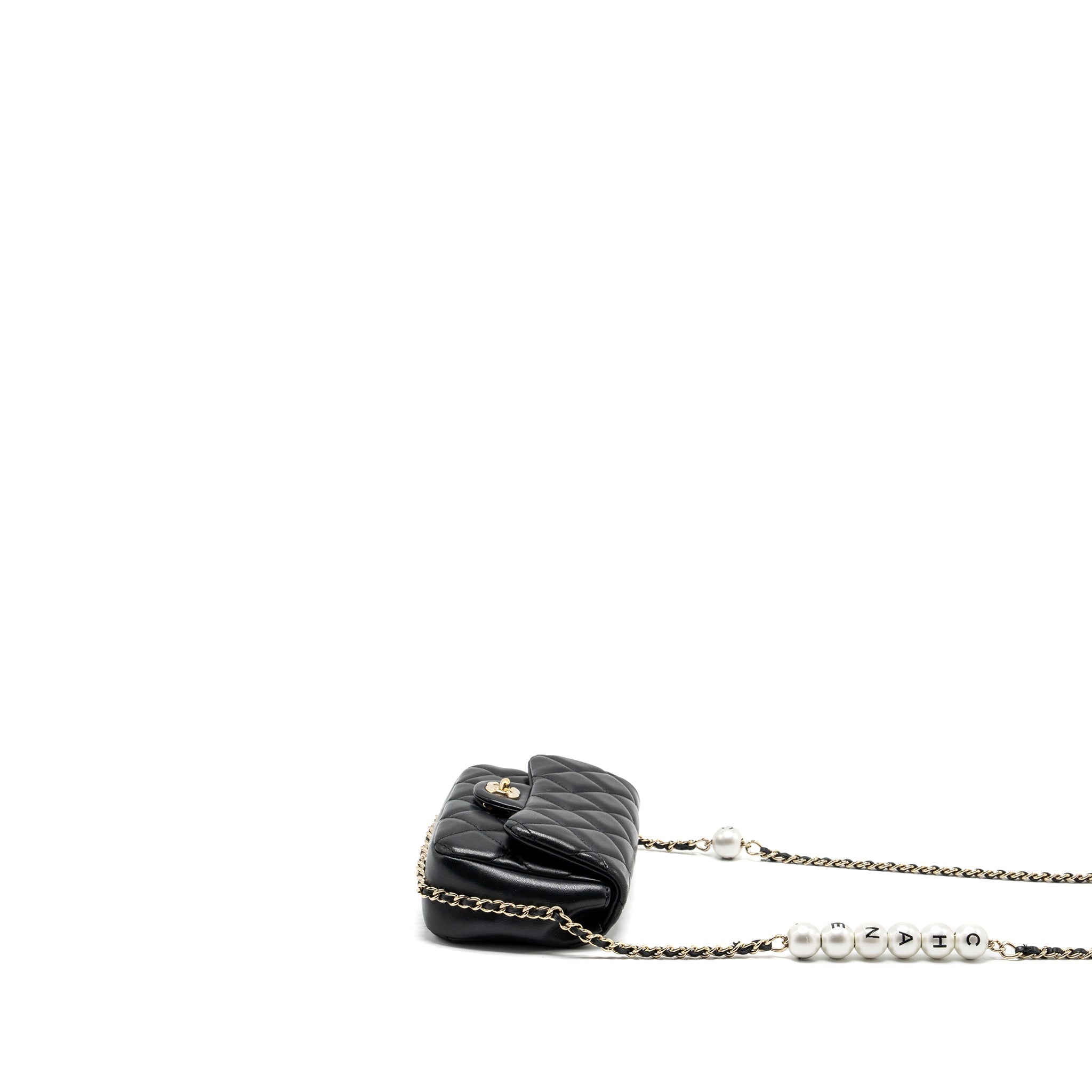 CHANEL PEARL CHAIN QUILTED FLAP BAG LAMBSKIN BLACK GHW