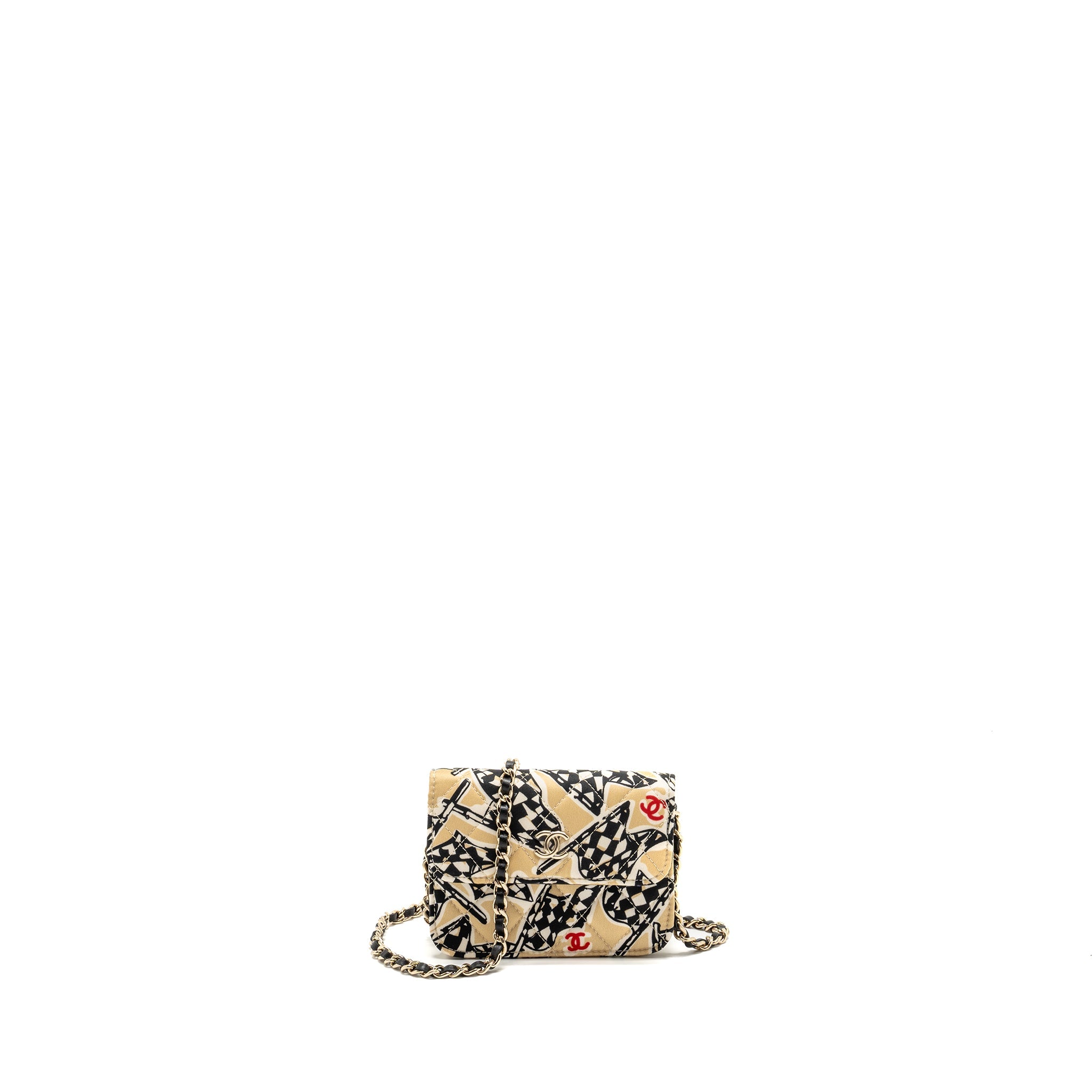 CHANEL MINI FLAP CLUTCH WITH CHAIN FABRIC BEIGE/MULTICOLOUR LGHW(MICROCHIP)