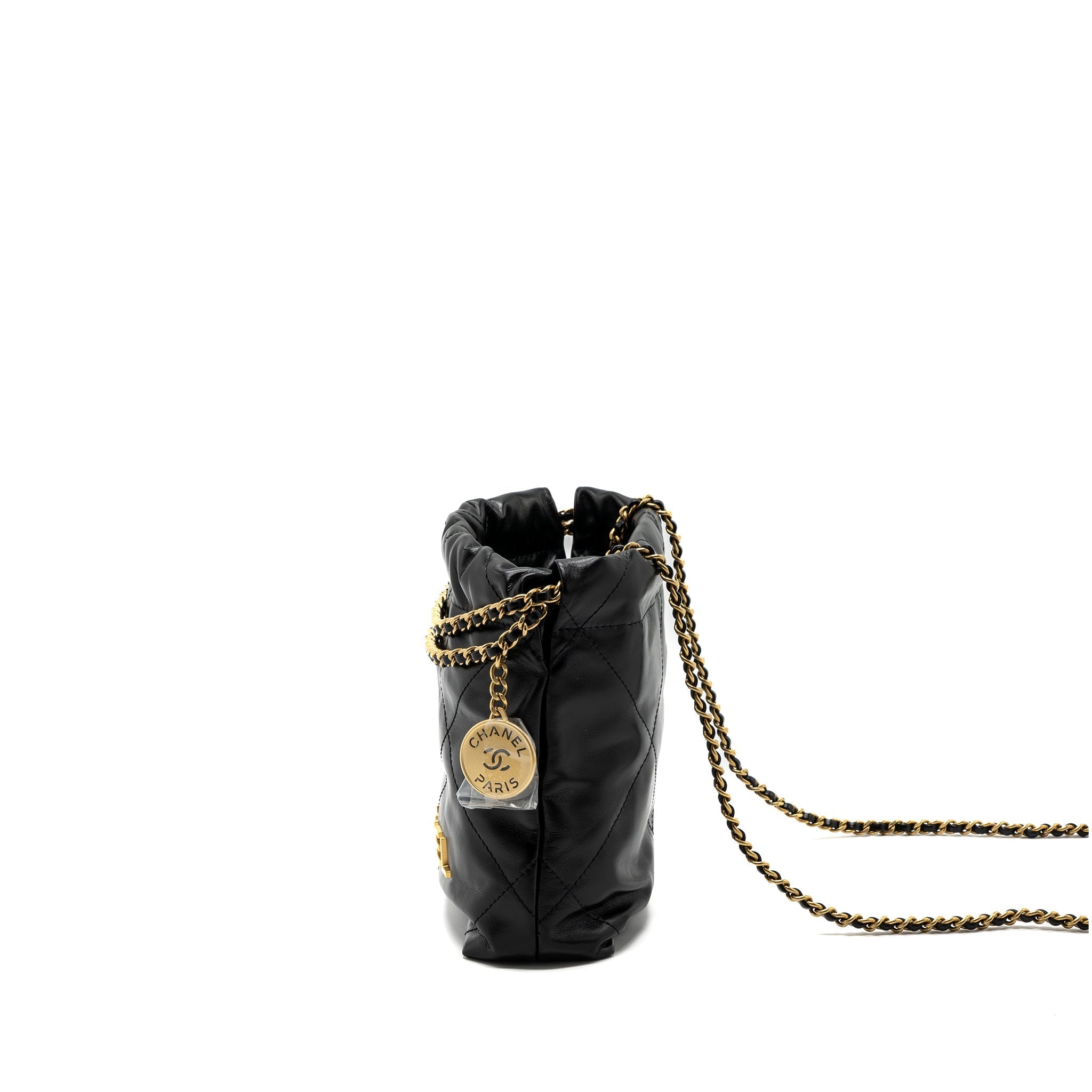 CHANEL MINI 22 BAG SHINY CALFSKIN BLACK BRUSHED GHW (MICROCHIP)