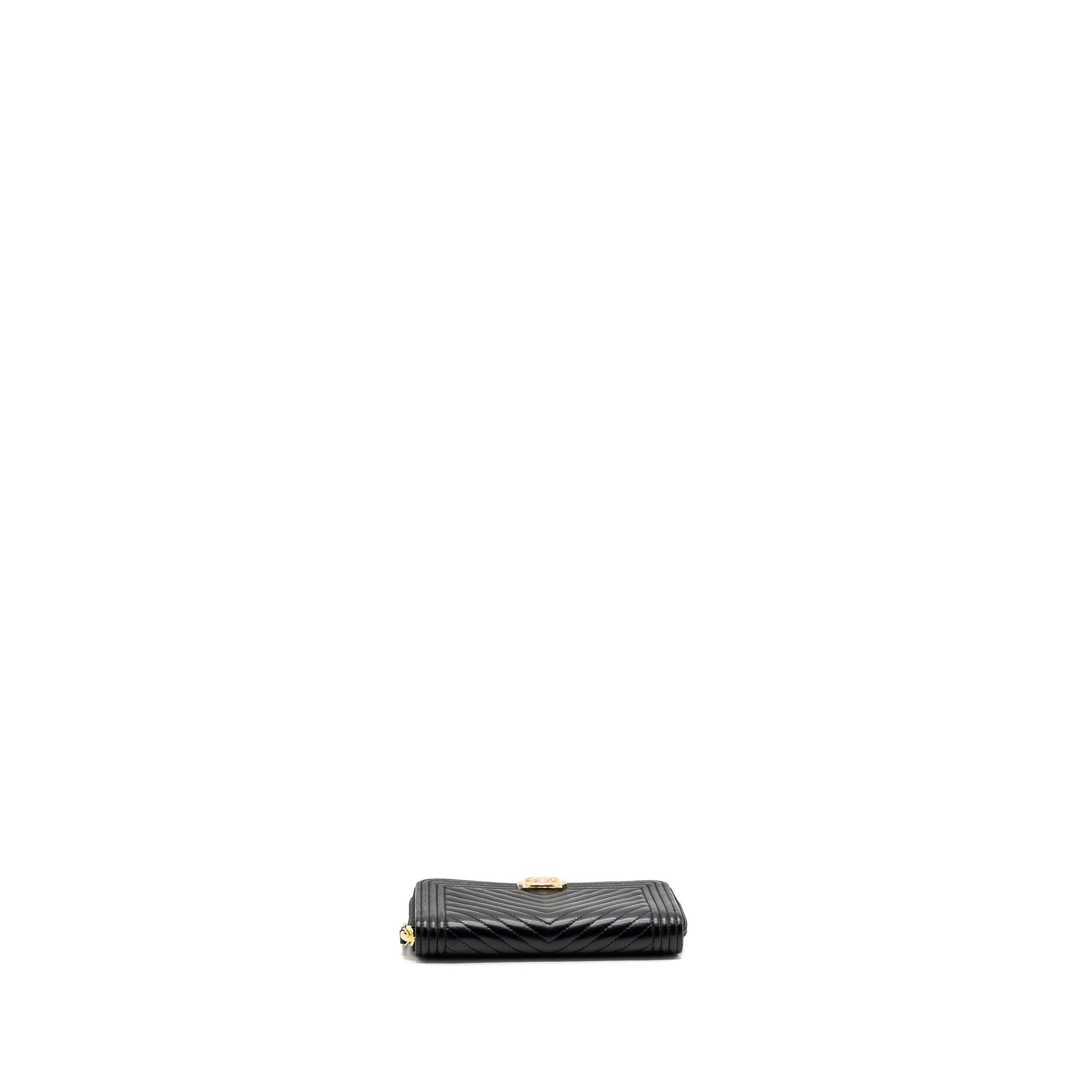 CHANEL BOY ZIPPER WALLET CHEVRON LAMBSKIN BLACK LGHW