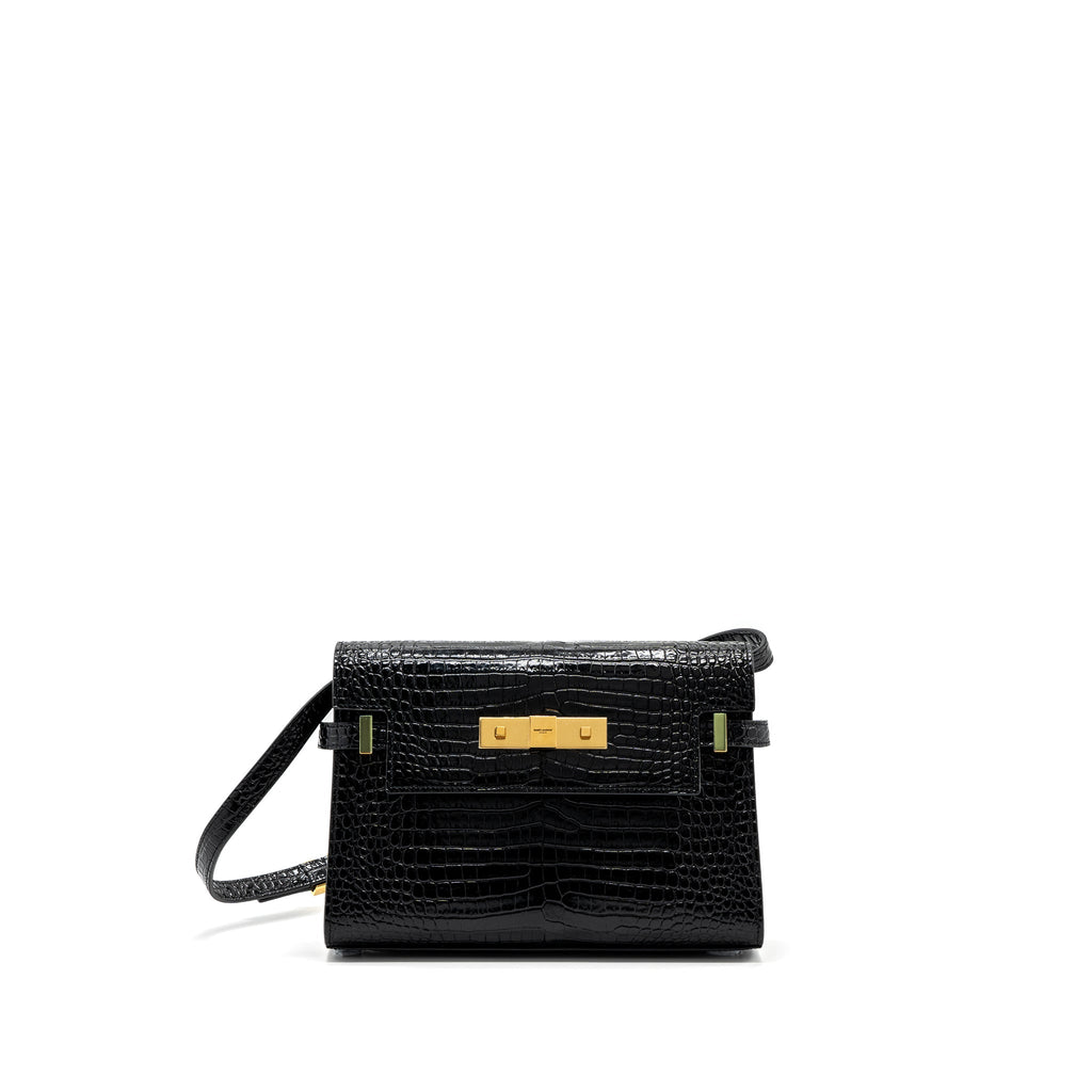 SAINT LAURENT MANHATTAN SHOULDER BAG CROCODILE-EMBOSSED BLACK GHW