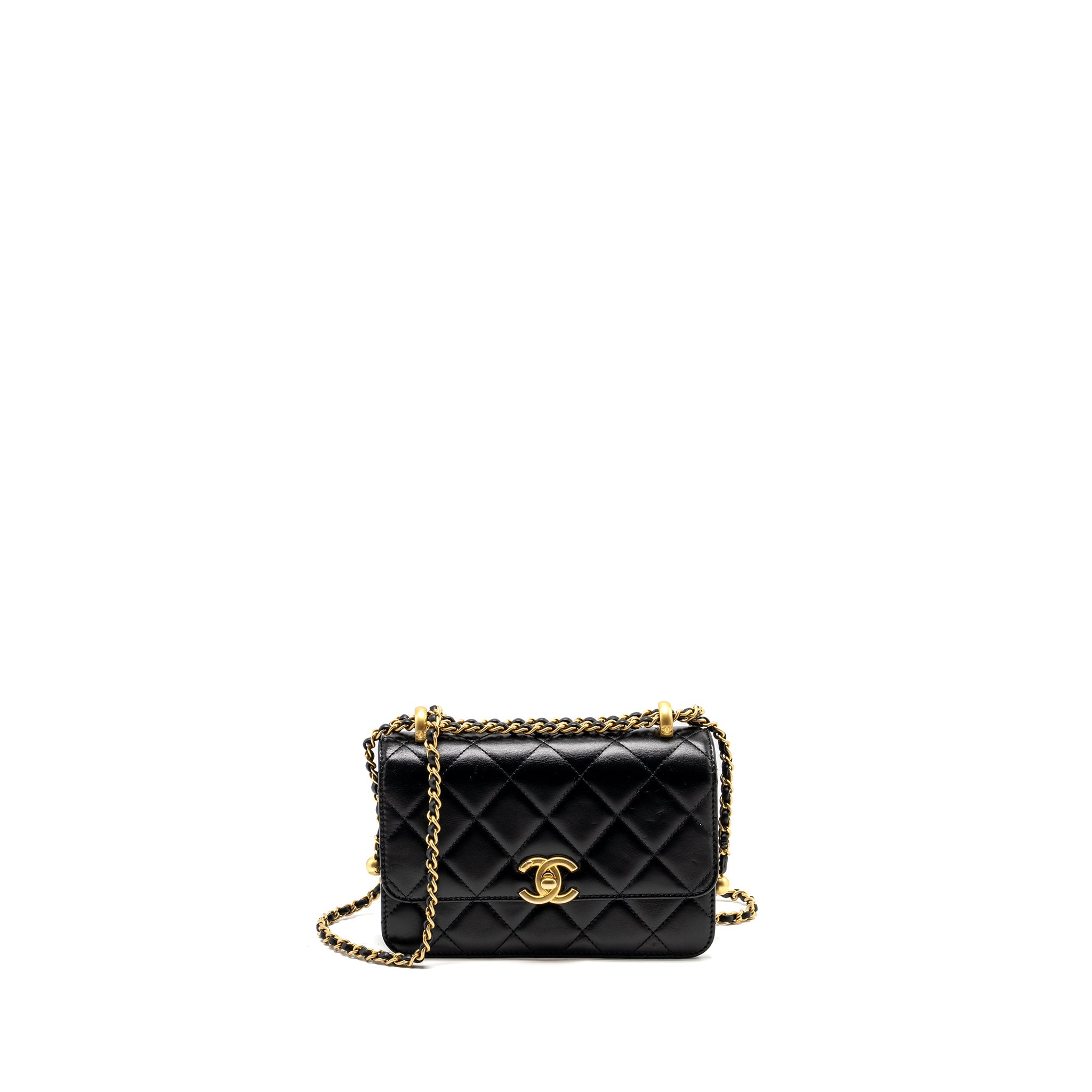 CHANEL GOLD CRUSH MINI FLAP BAG CALFSKIN BLACK GHW (MICROCHIP)