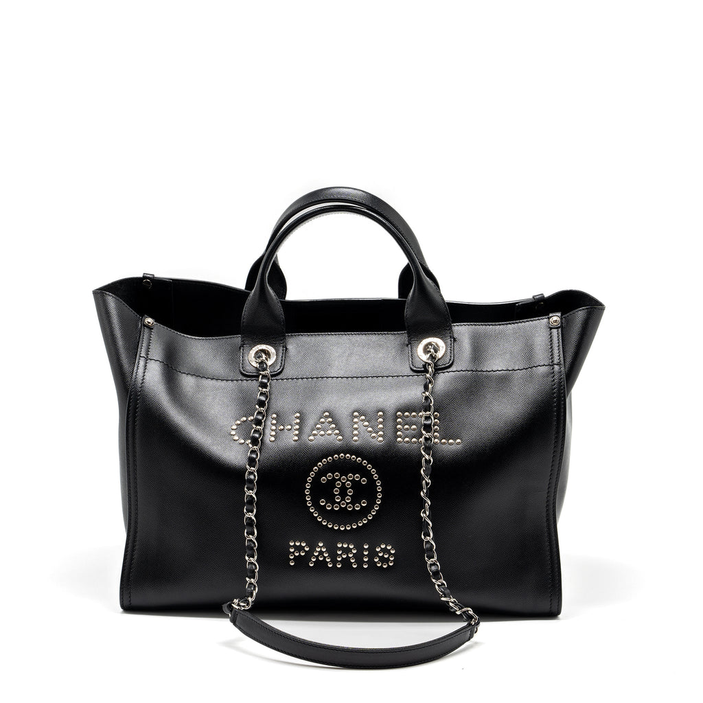 CHANEL DEAUVILLE STUDDED TOTE BAG CAVIAR BLACK SHW