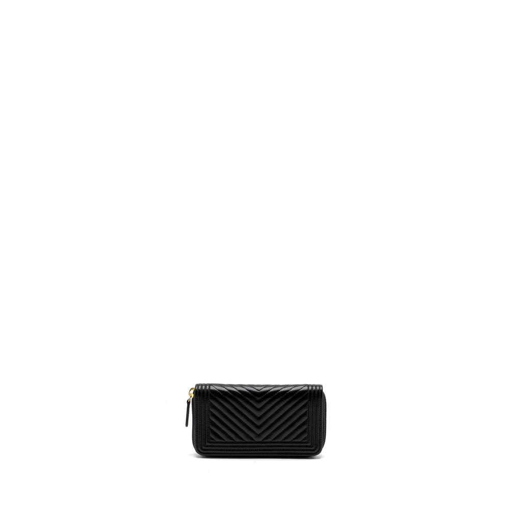 CHANEL BOY ZIPPER WALLET CHEVRON LAMBSKIN BLACK LGHW