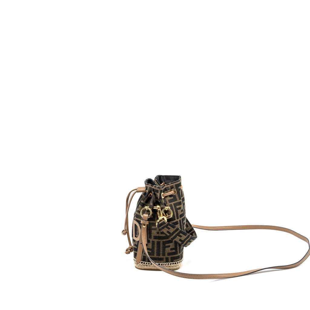 FENDI MINI MON TRESOR BUCKET BAG FF JACQUARD FABRIC/CALFSKIN BROWN GHW