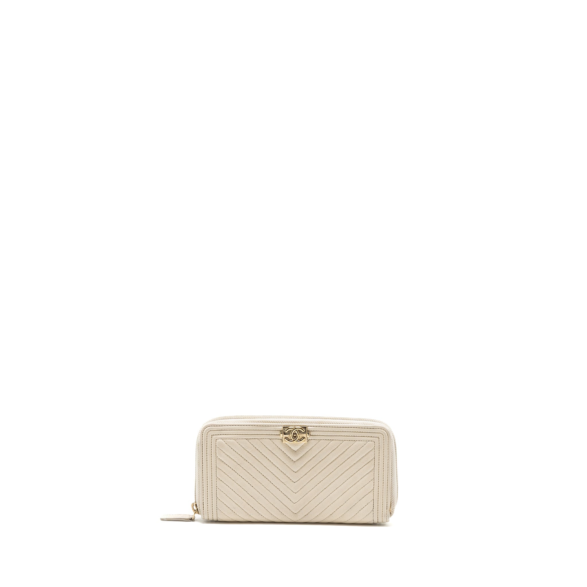 CHANEL BOY ZIPPER LONG WALLET CAVIAR WHITE LGHW