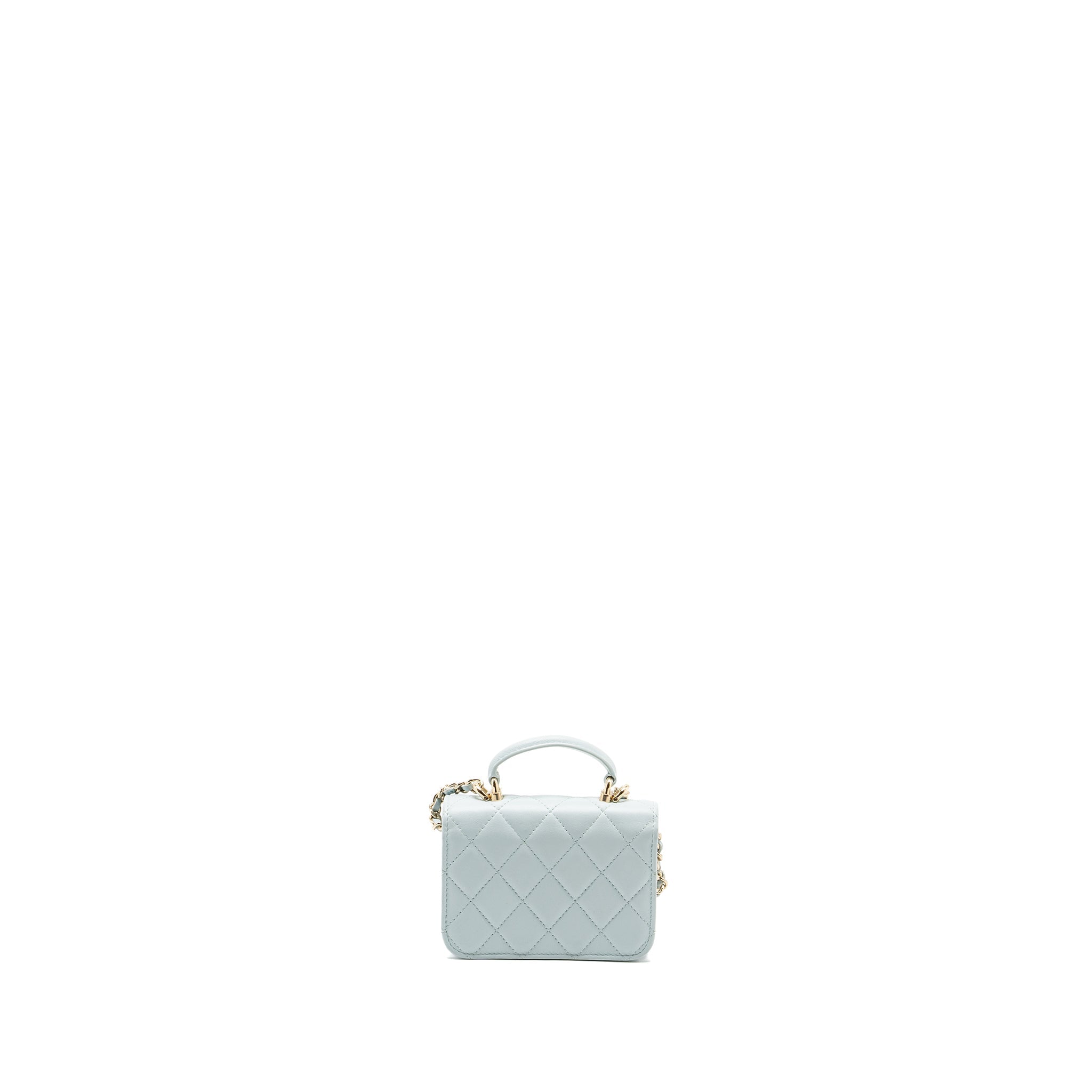 CHANEL TOP HANDLE MINI FLAP BAG WITH CHAIN LAMBSKIN LIGHT BLUE LGHW