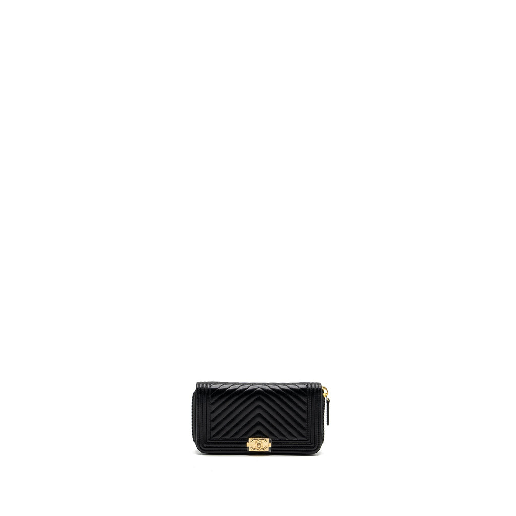 CHANEL BOY ZIPPER WALLET CHEVRON LAMBSKIN BLACK LGHW