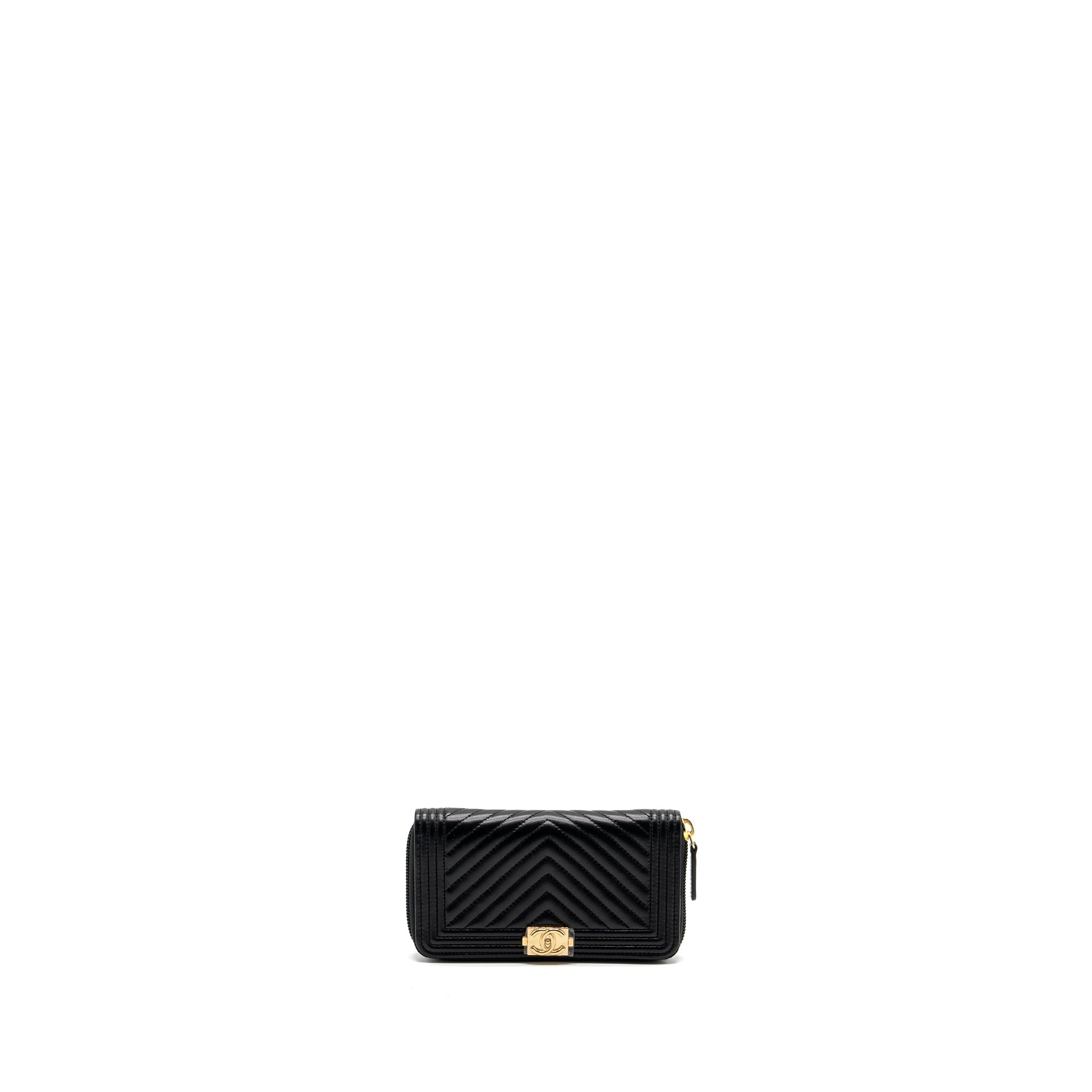 CHANEL BOY ZIPPER WALLET CHEVRON LAMBSKIN BLACK LGHW