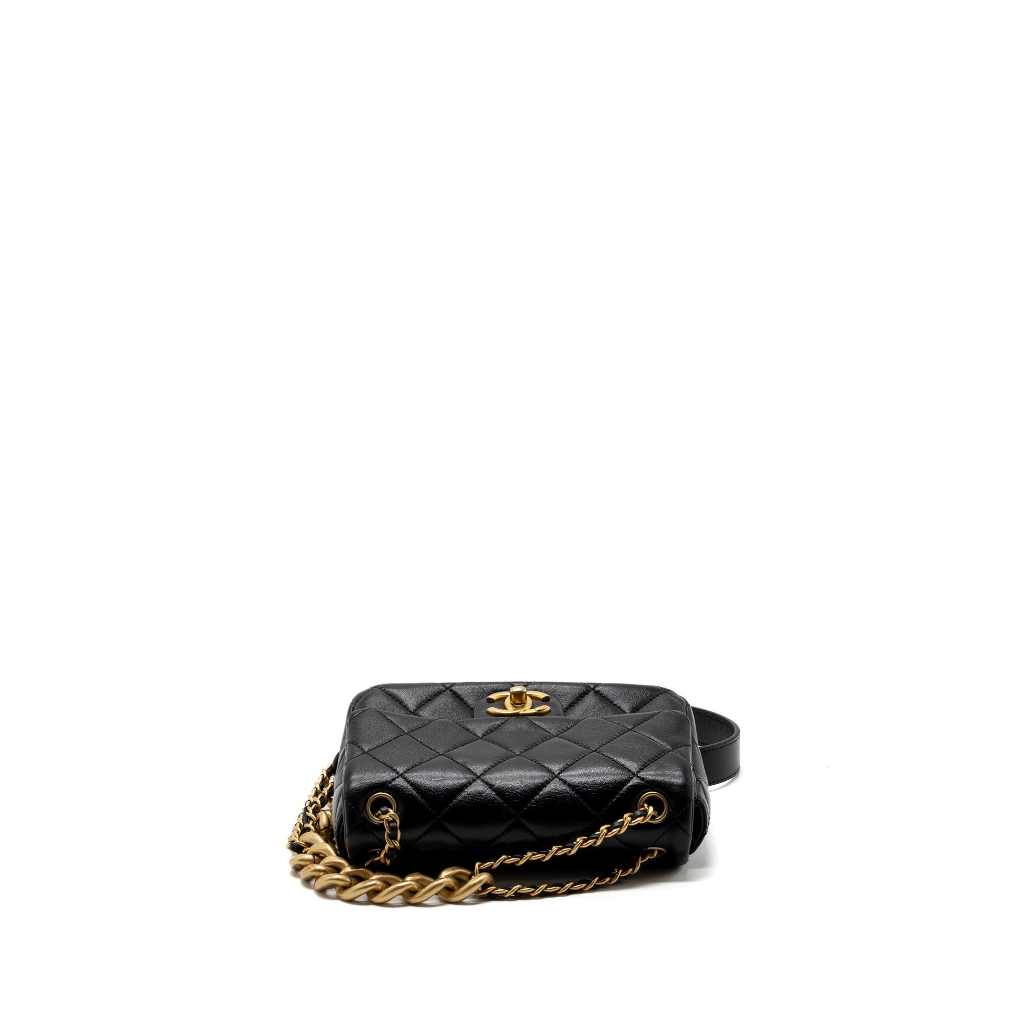 CHANEL SEASONAL MINI SQUARE FLAP BAG WITH DETAILED CHAIN STRAP CALFSKIN BLACK GHW (MICROCHIP)