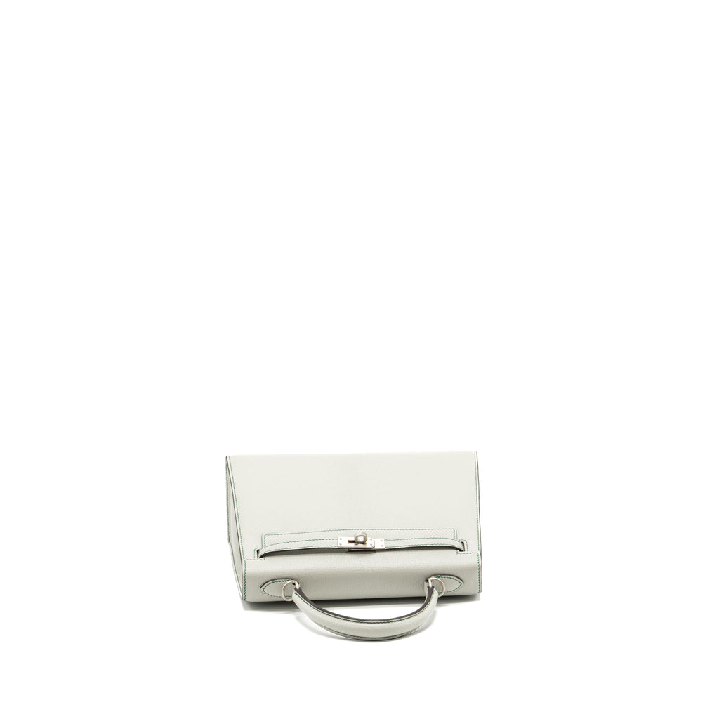 HERMES KELLY 25 SPECIAL ORDER CHÈVRE MYSORE GRIS PERLE/MALACHITE/VERT EMERAUDE BRUSHED SHW