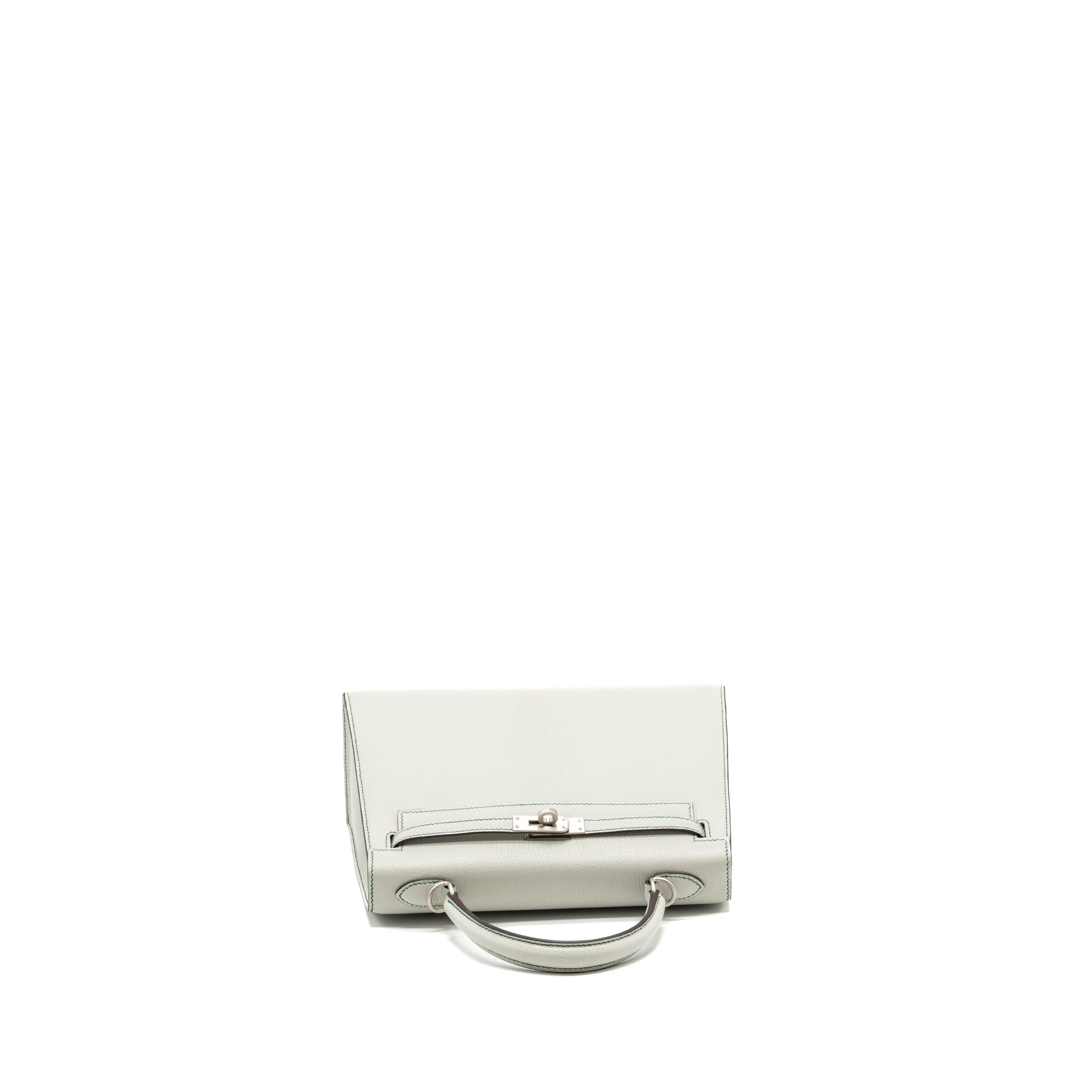 HERMES KELLY 25 SPECIAL ORDER CHÈVRE MYSORE GRIS PERLE/MALACHITE/VERT EMERAUDE BRUSHED SHW