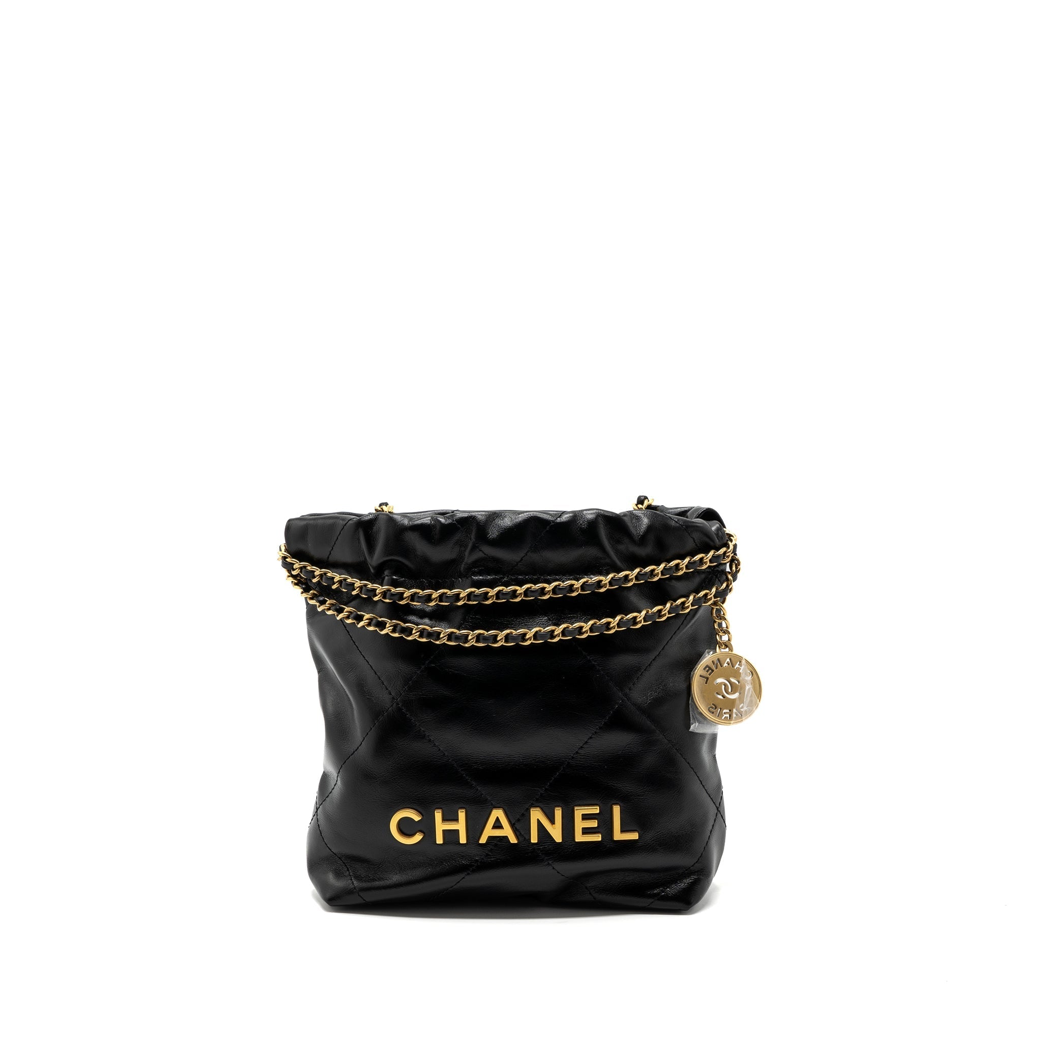 CHANEL MINI 22 BAG SHINY CALFSKIN BLACK BRUSHED GHW (MICROCHIP)