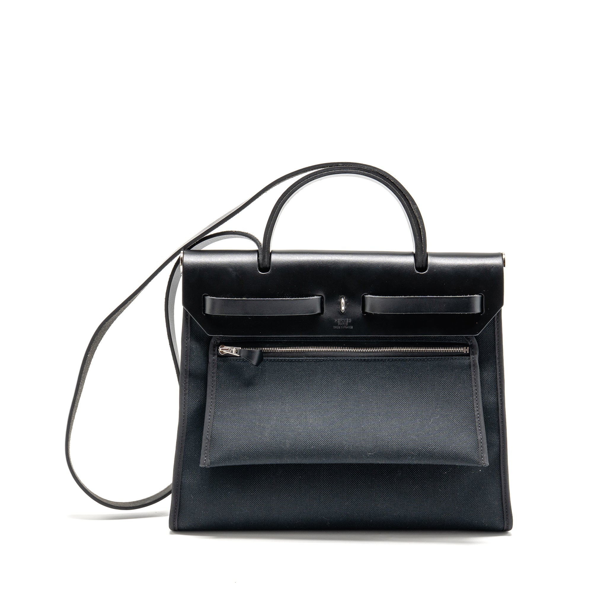 HERMES HERBAG 31 ZIP BAG CANVAS/ HUNTER LEATHER BLACK SHW