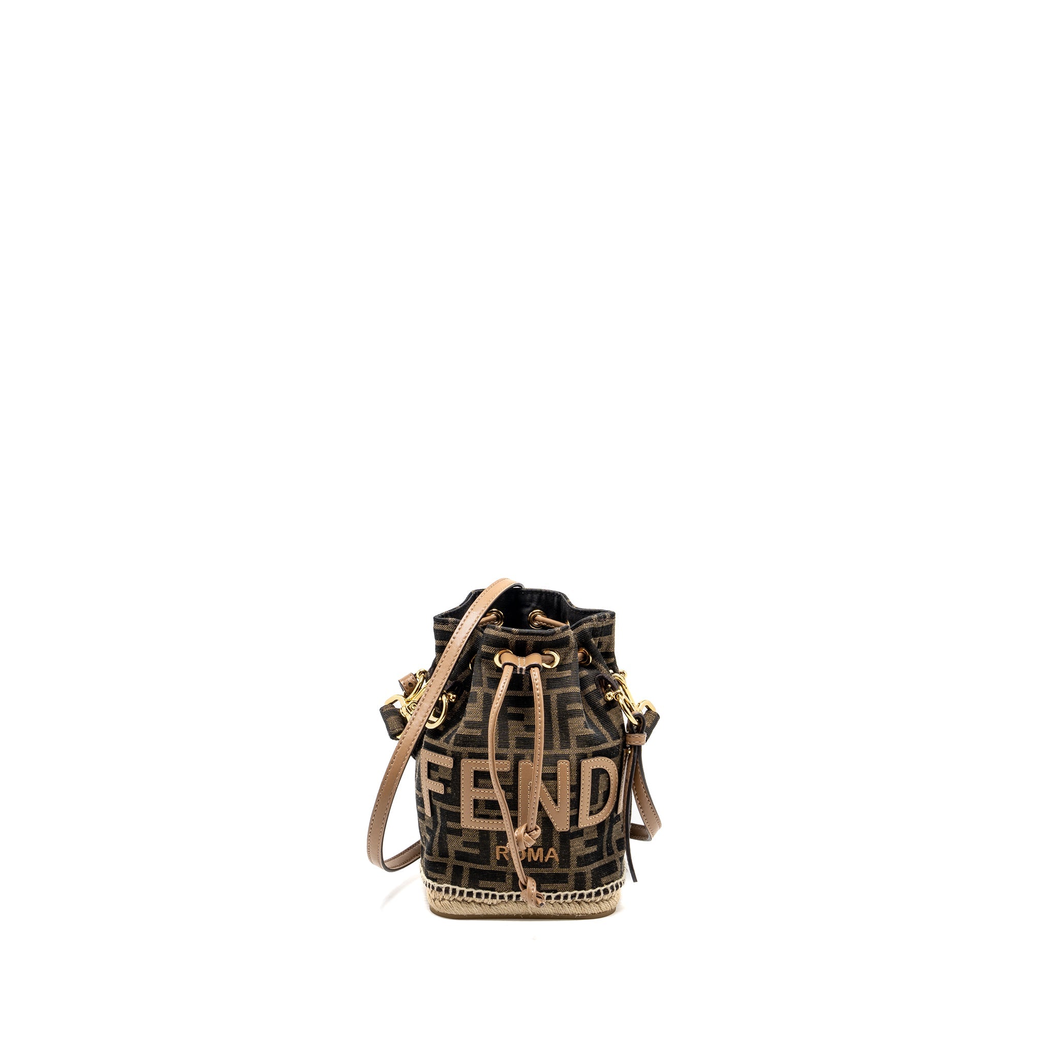 FENDI MINI MON TRESOR BUCKET BAG FF JACQUARD FABRIC/CALFSKIN BROWN GHW