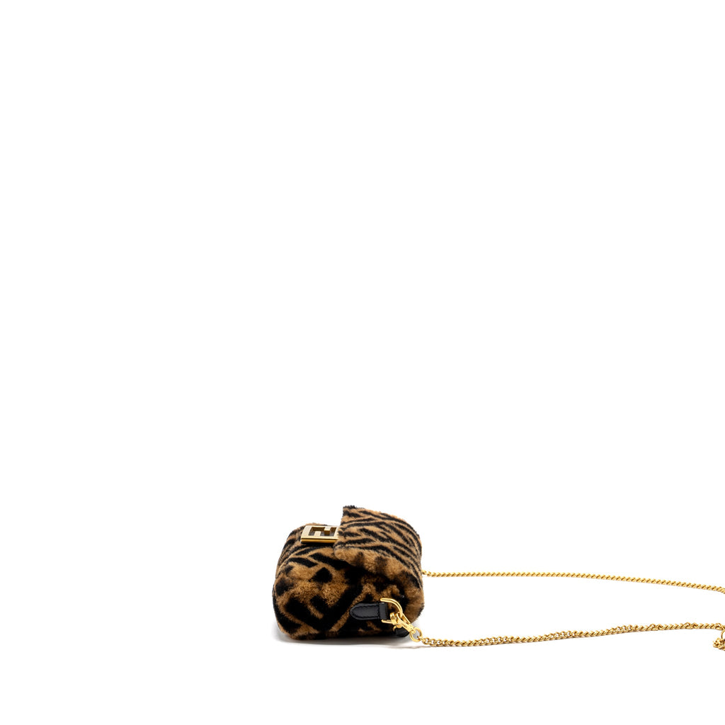 FENDI MINI BAGUETTE BAG LAMB FUR BLACK/BROWN GHW