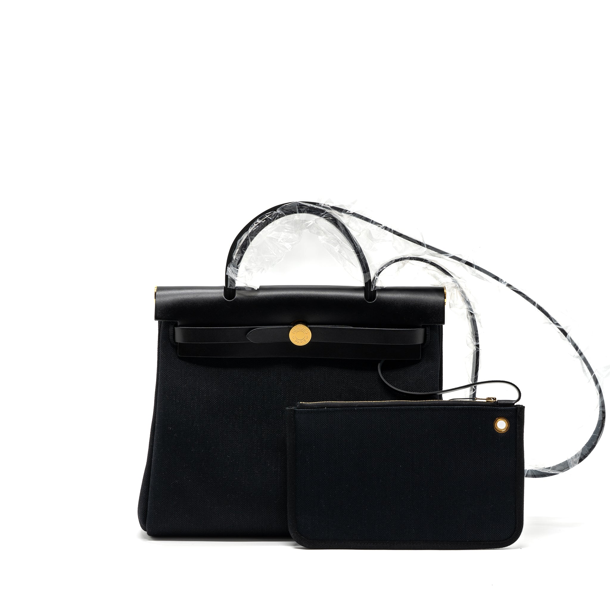 HERMES HERBAG 31 ZIP BAG CANVAS/ HUNTER LEATHER BLACK GHW