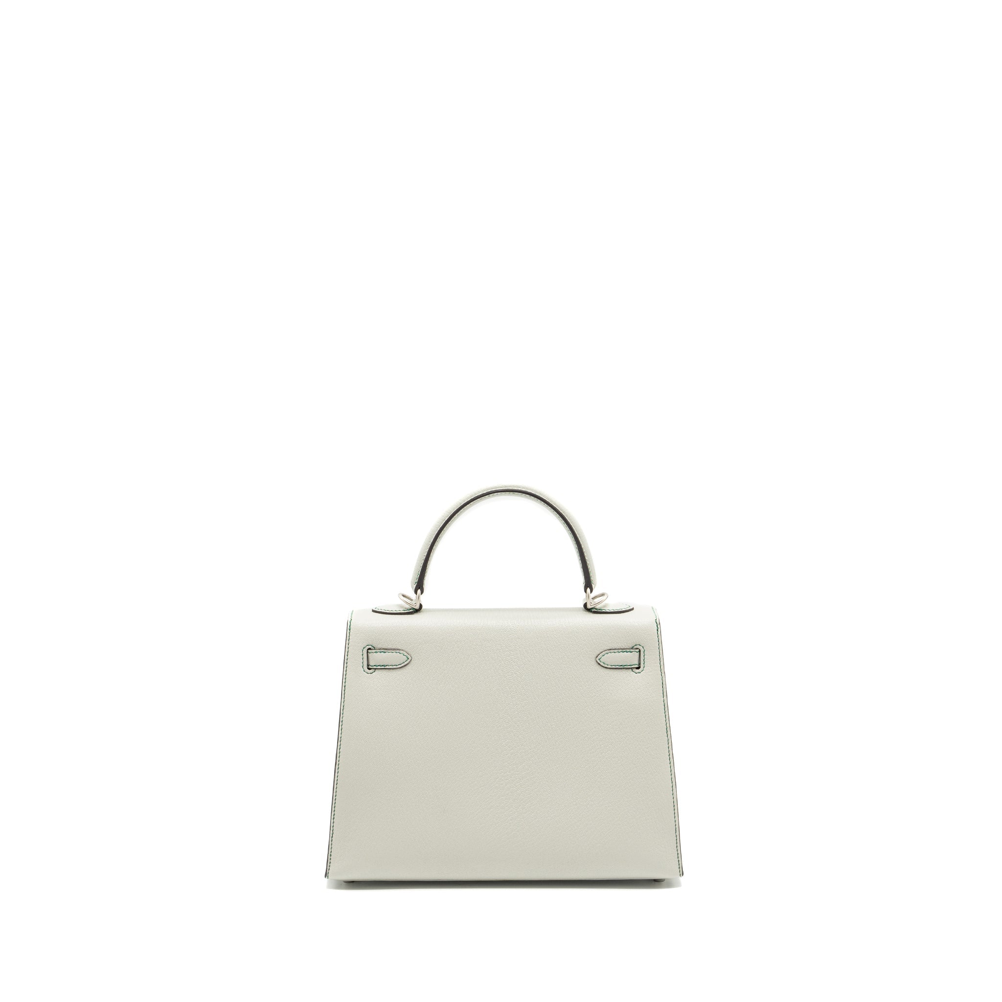 HERMES KELLY 25 SPECIAL ORDER CHÈVRE MYSORE GRIS PERLE/MALACHITE/VERT EMERAUDE BRUSHED SHW