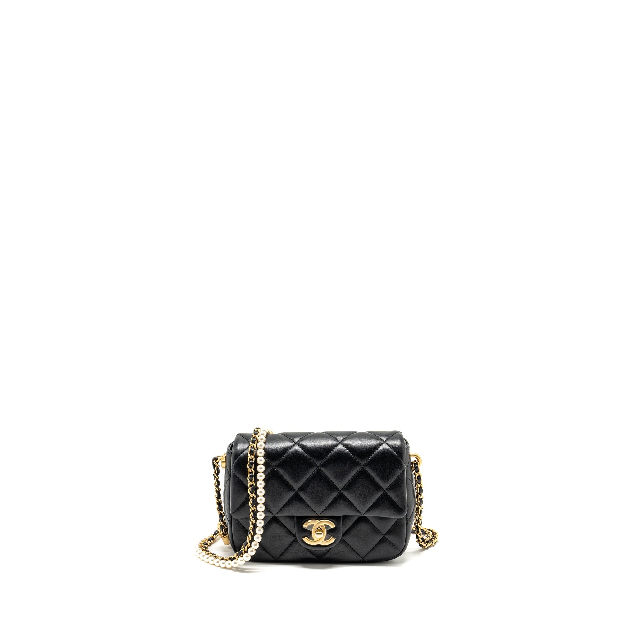 CHANEL MY PERFECT MINI FLAP BAG WITH PEARL CHAIN LAMBSKIN BLACK GHW (MICROCHIP)
