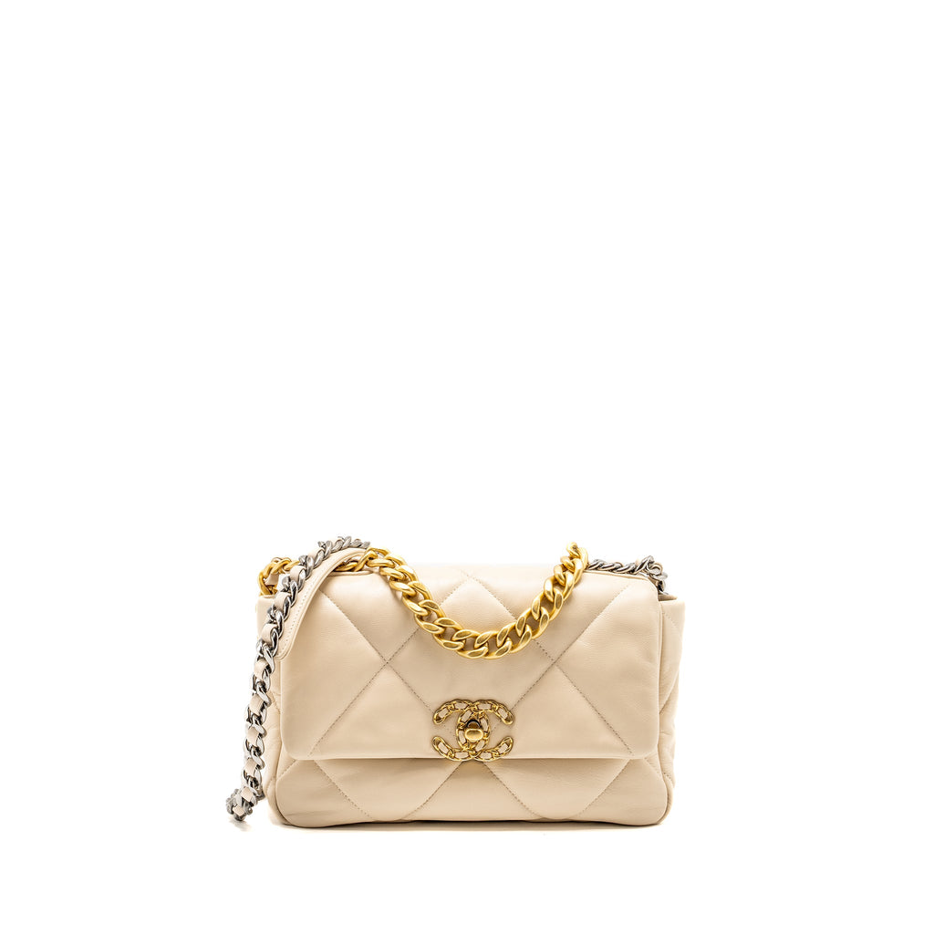 CHANEL SMALL 19 BAG SHINY GOATSKIN LIGHT BEIGE MULTICOLOUR HARDWARE