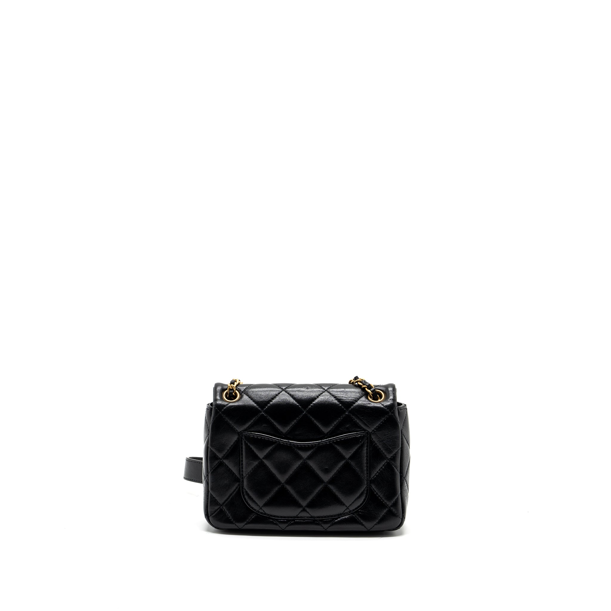 CHANEL SEASONAL MINI SQUARE FLAP BAG WITH DETAILED CHAIN STRAP CALFSKIN BLACK GHW (MICROCHIP)
