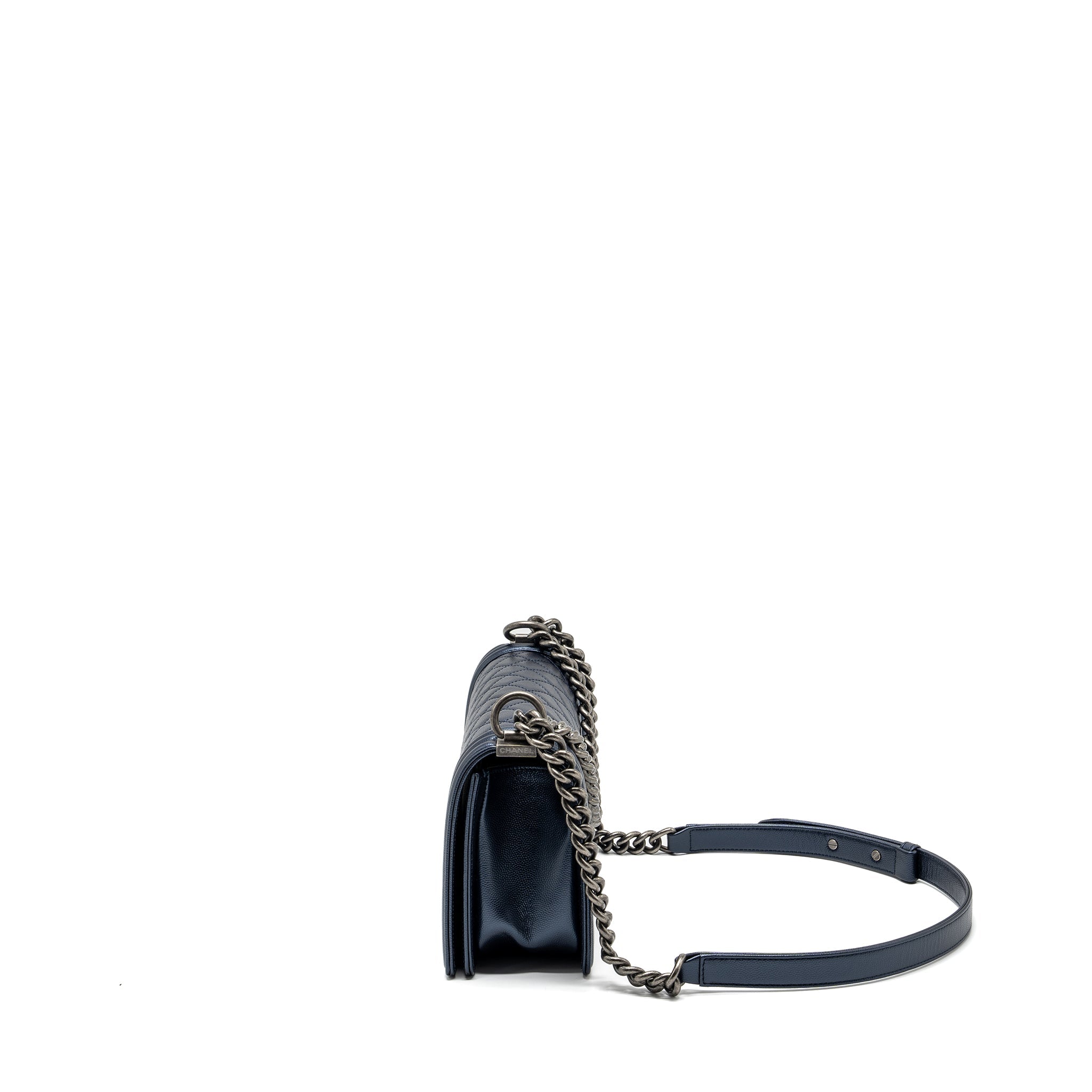 CHANEL MEDIUM BOY BAG CAVIAR METALLIC BLUE RUTHENIUM HARDWARE