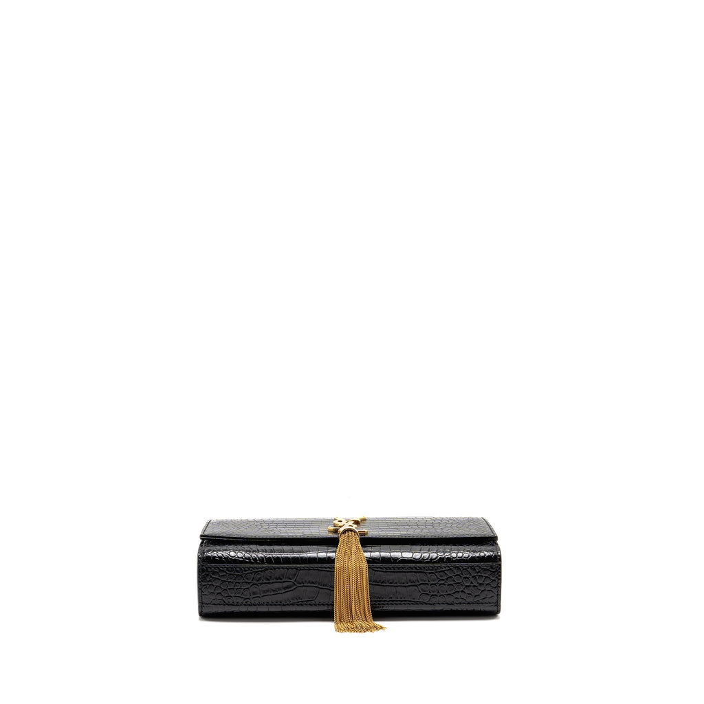 SAINT LAURENT/YSL MEDIUM KATE TASSEL BAG CROC-EMBOSSED CALFSKIN BLACK GHW