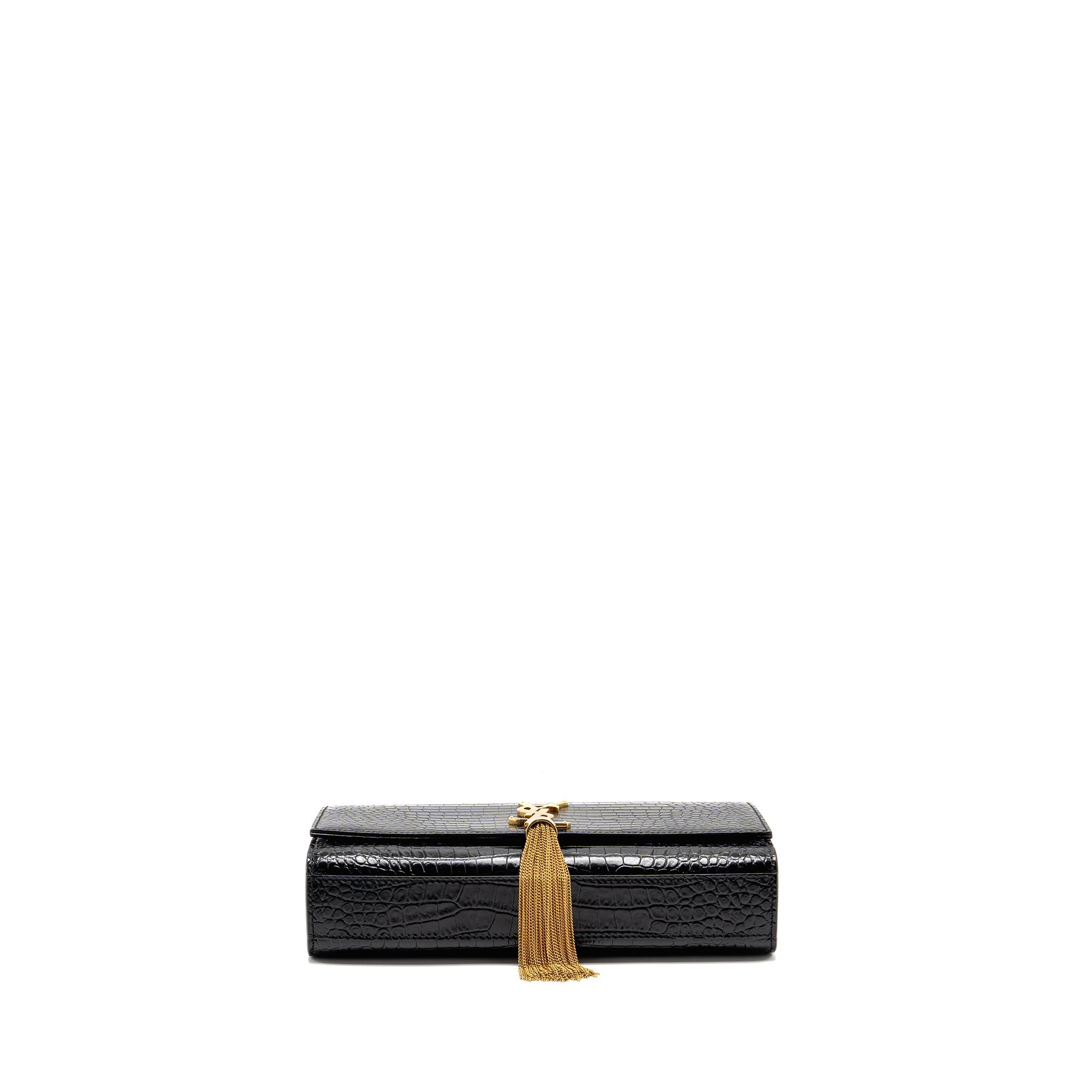 SAINT LAURENT/YSL MEDIUM KATE TASSEL BAG CROC-EMBOSSED CALFSKIN BLACK GHW
