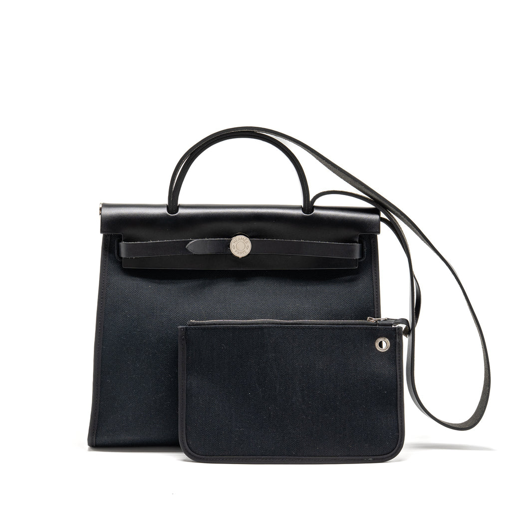 HERMES HERBAG 31 ZIP BAG CANVAS/ HUNTER LEATHER BLACK SHW
