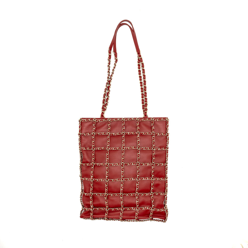 CHANEL 20A CHAIN FRAME CC CHARM SHOPPING TOTE BAG LAMBSKIN RED LGHW