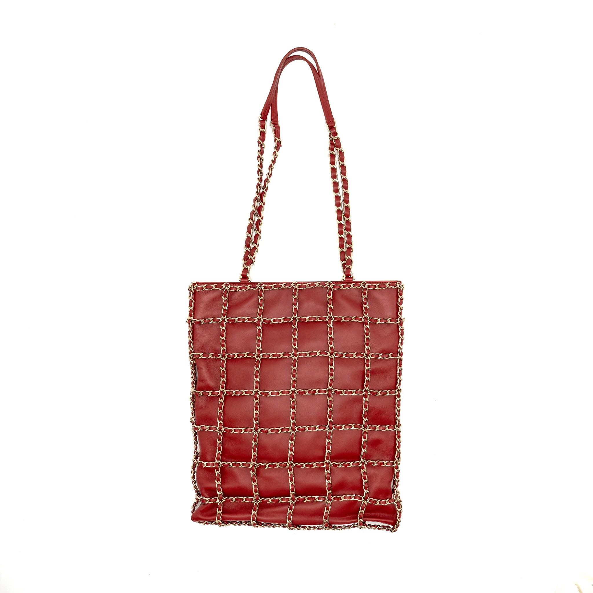 CHANEL 20A CHAIN FRAME CC CHARM SHOPPING TOTE BAG LAMBSKIN RED LGHW