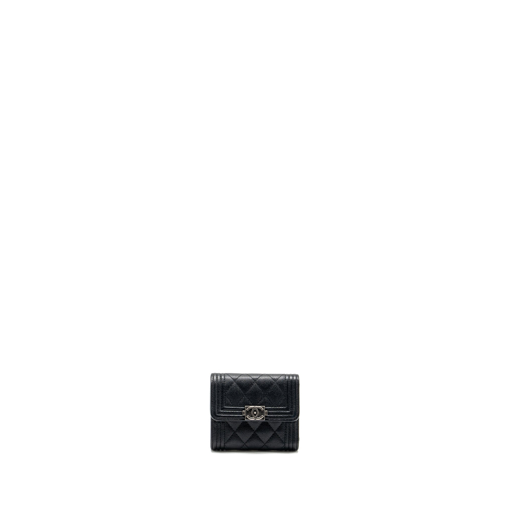 CHANEL BOY FLAP COMPACT WALLET CAVIAR BLACK RUTHENIUM HARDWARE