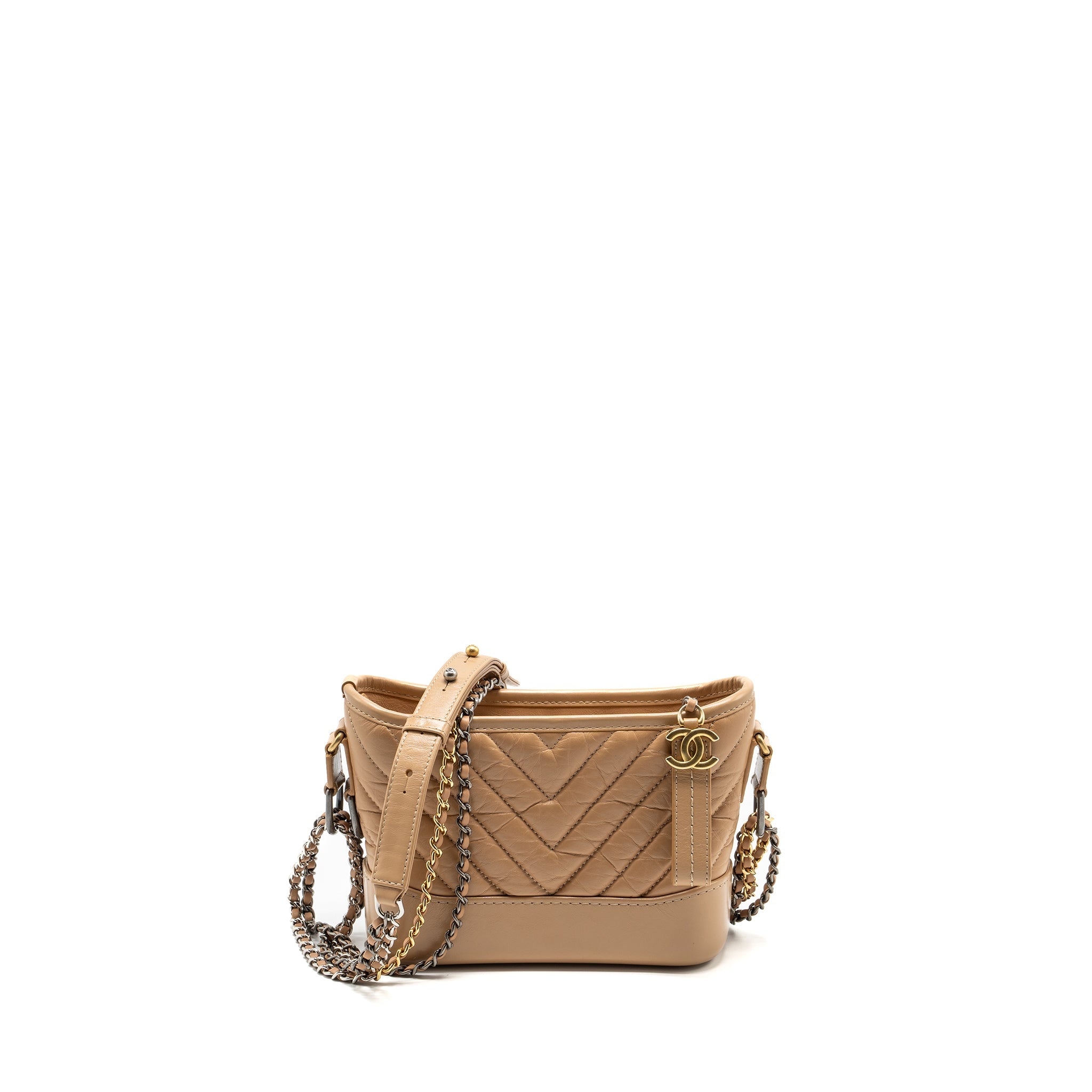 CHANEL SMALL CHEVRON GABRIELLE HOBO BAG CALFSKIN BEIGE MULTICOLOUR HARDWARE