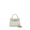 HERMES KELLY 25 SPECIAL ORDER CHÈVRE MYSORE GRIS PERLE/MALACHITE/VERT EMERAUDE BRUSHED SHW