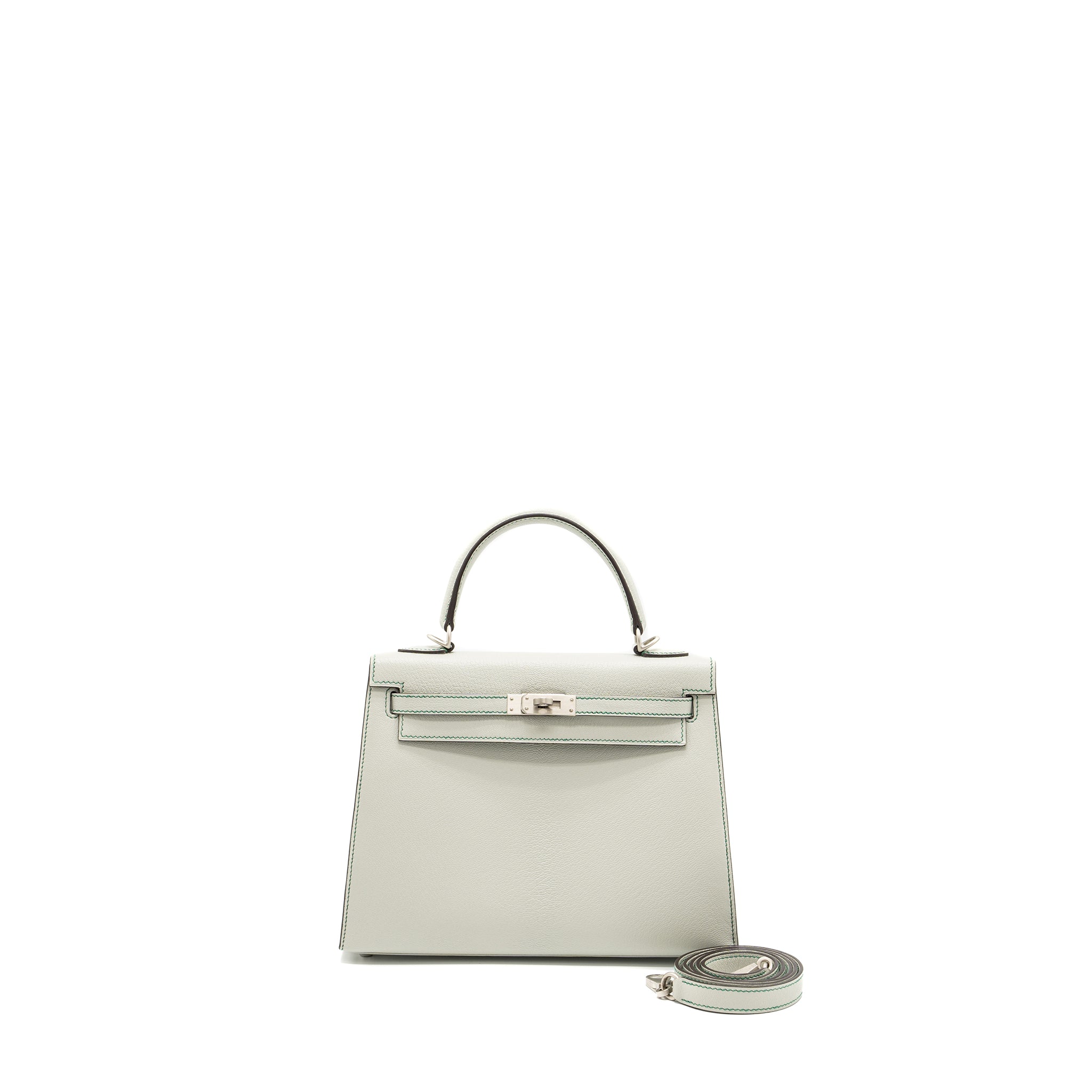 HERMES KELLY 25 SPECIAL ORDER CHÈVRE MYSORE GRIS PERLE/MALACHITE/VERT EMERAUDE BRUSHED SHW