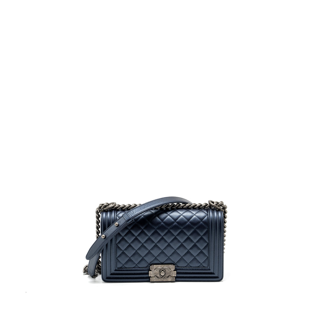 CHANEL MEDIUM BOY BAG CAVIAR METALLIC BLUE RUTHENIUM HARDWARE