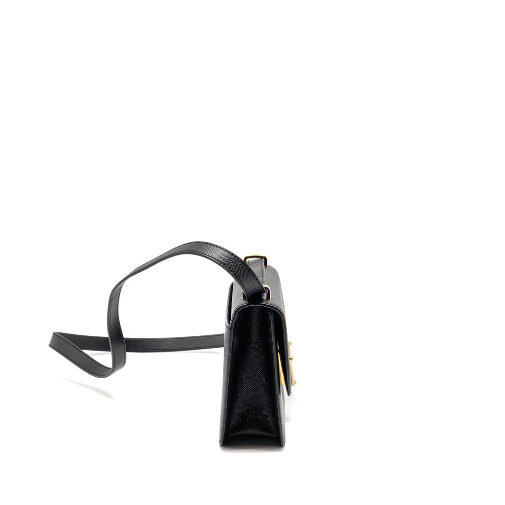 PRADA SAFFIANO LEATHER FLAP SHOULDER BAG CALFSKIN BLACK GHW