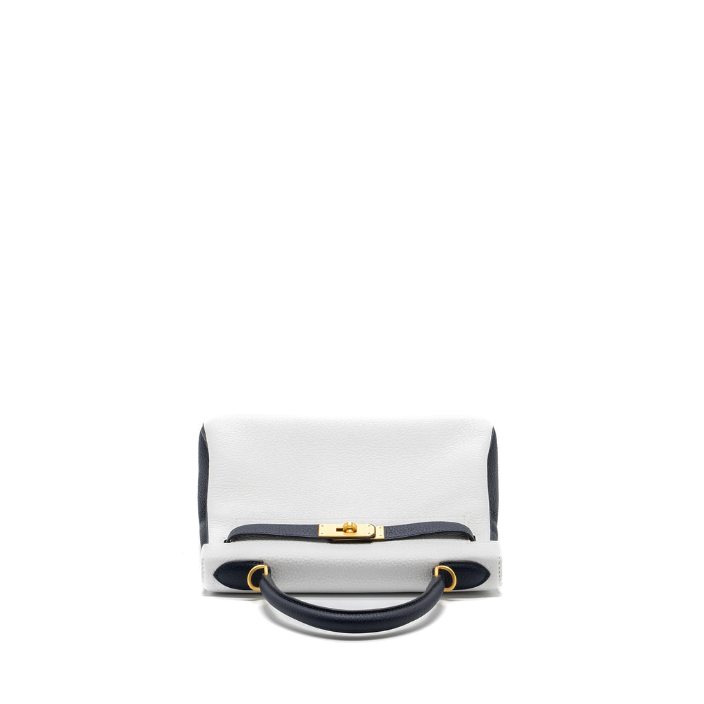 HERMES KELLY 28 SPECIAL ORDER CLEMENCE LEATHER BLANC / BLUE NUIT BRUSHED GHW