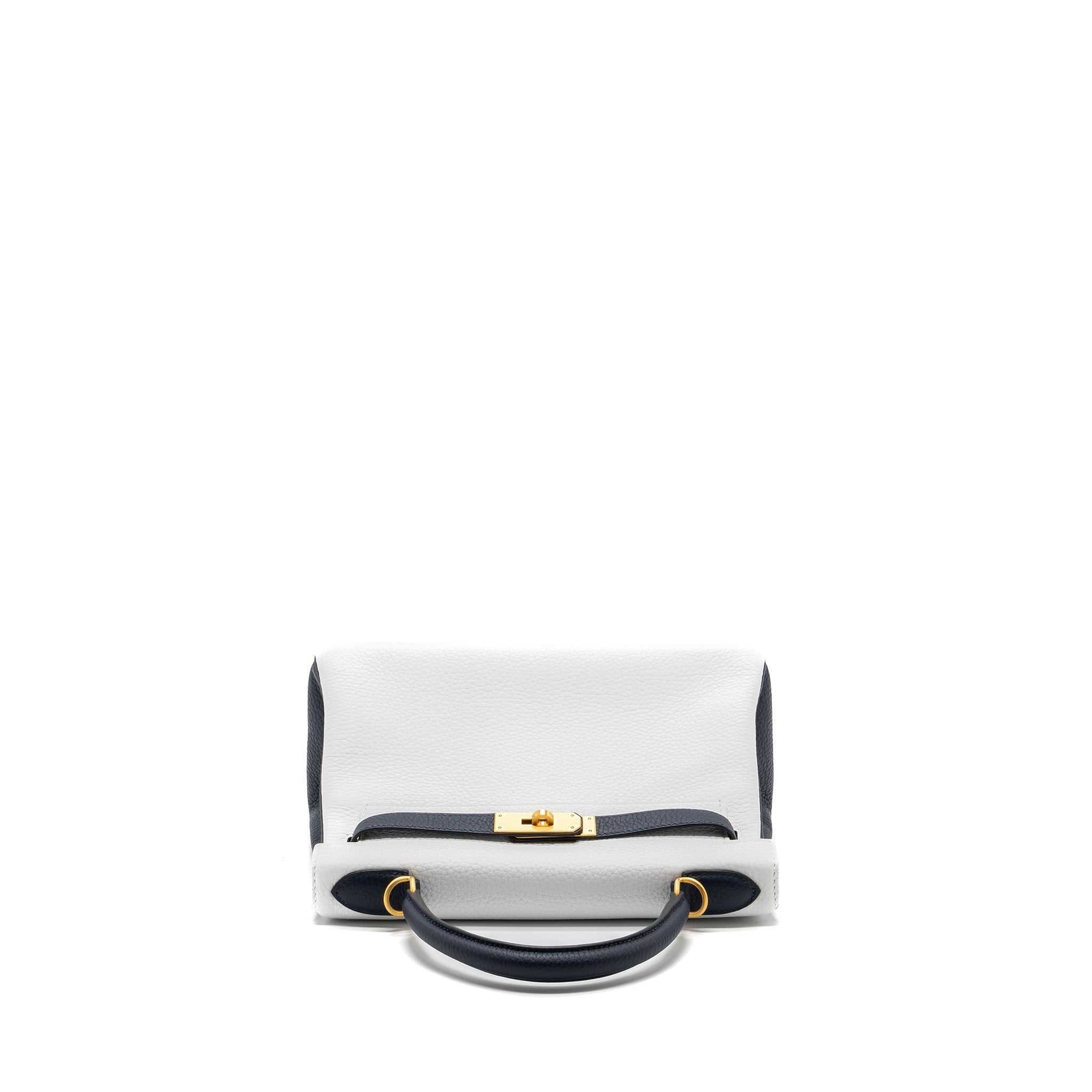 HERMES KELLY 28 SPECIAL ORDER CLEMENCE LEATHER BLANC / BLUE NUIT BRUSHED GHW