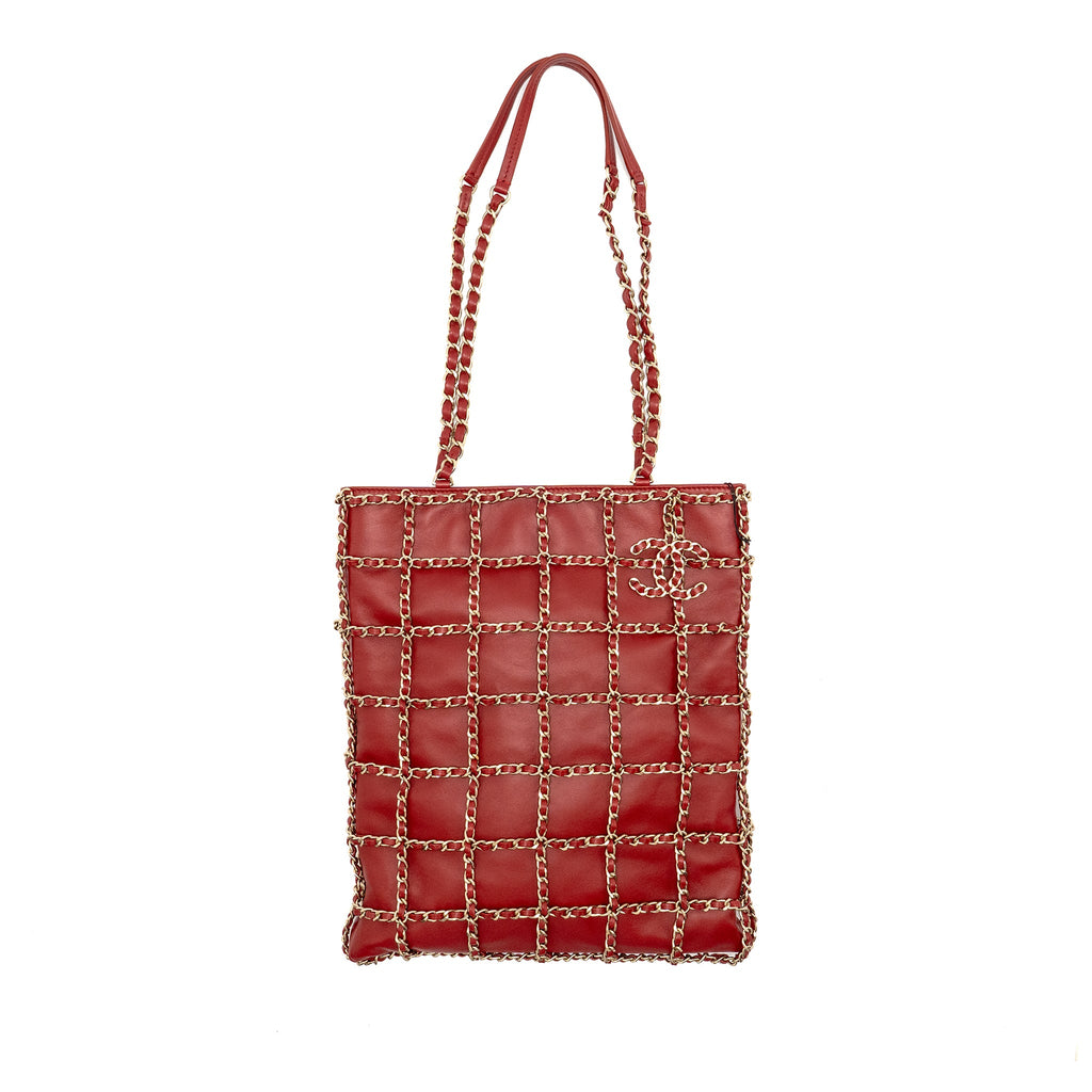 CHANEL 20A CHAIN FRAME CC CHARM SHOPPING TOTE BAG LAMBSKIN RED LGHW