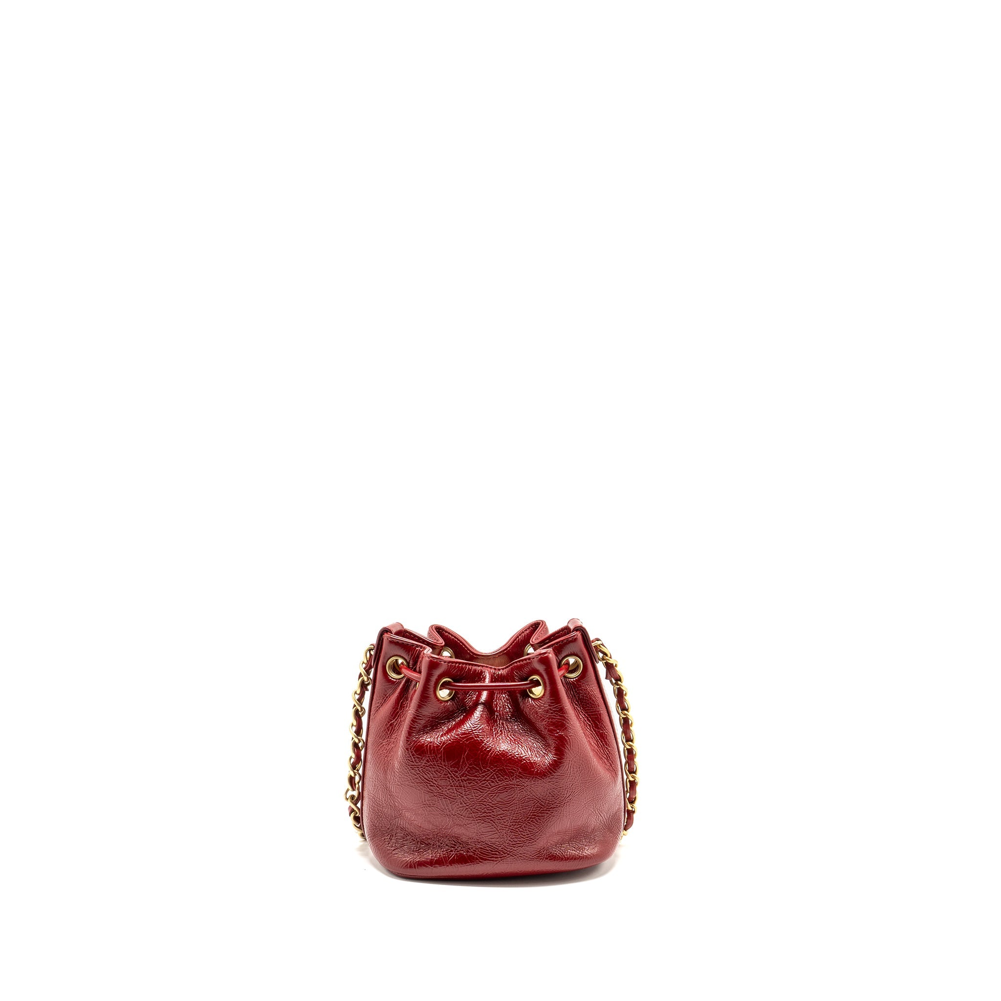CHANEL CC DRAWSTRING MINI BUCKET BAG SHINY AGED CALFSKIN RED GHW