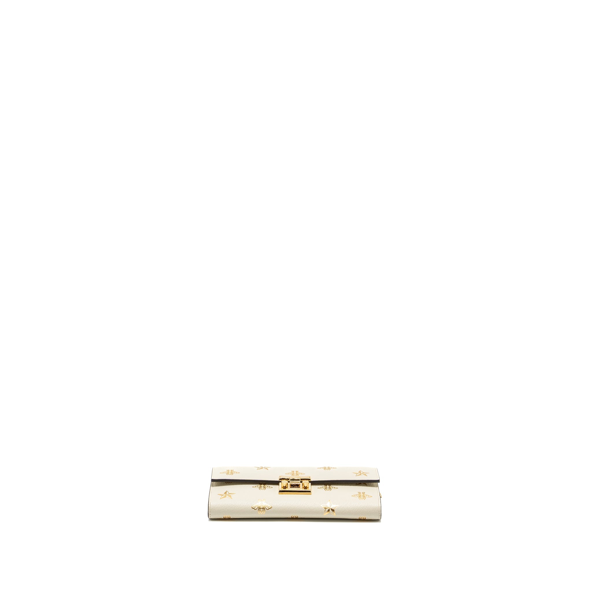 GUCCI MINI PADLOCK POUCH WITH CHAIN WITH BEE PRINTED CALFSKIN WHITE/GOLD GHW